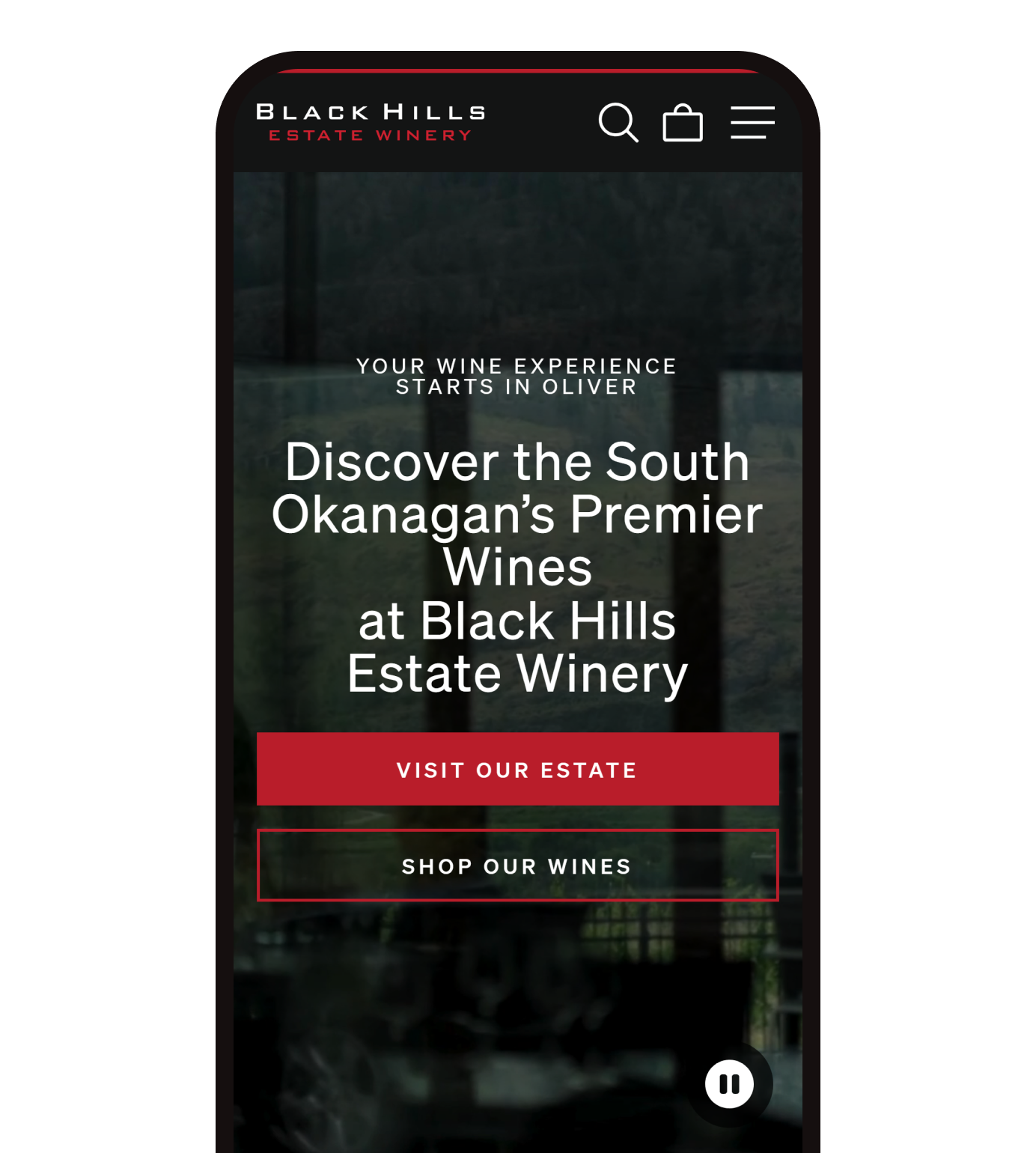 The Black Hills Estate Winery home page on a phone