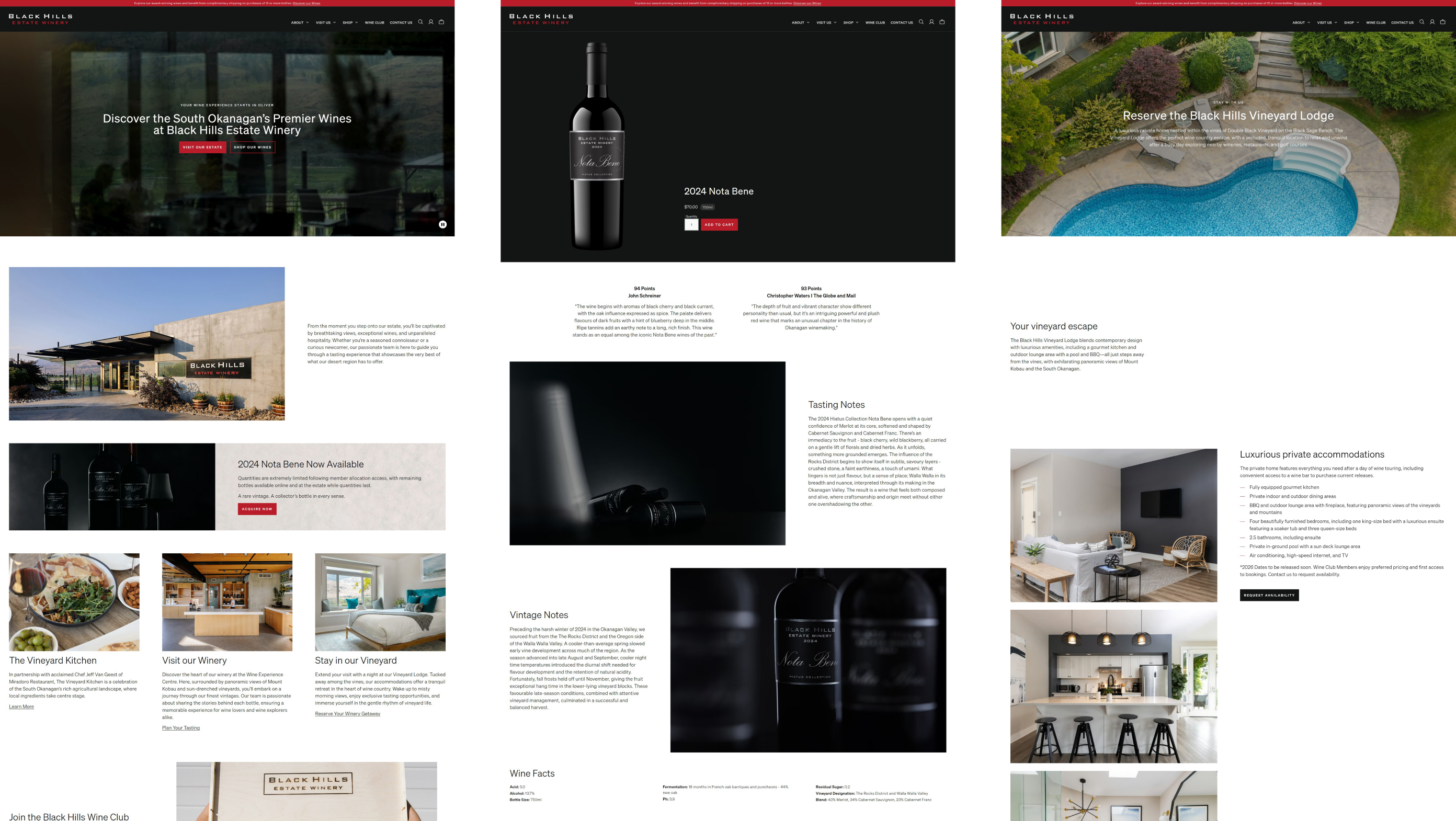 Three Black Hills Estate Winery pages: home, the 2024 Nota Bene and the Vineyard Lodge