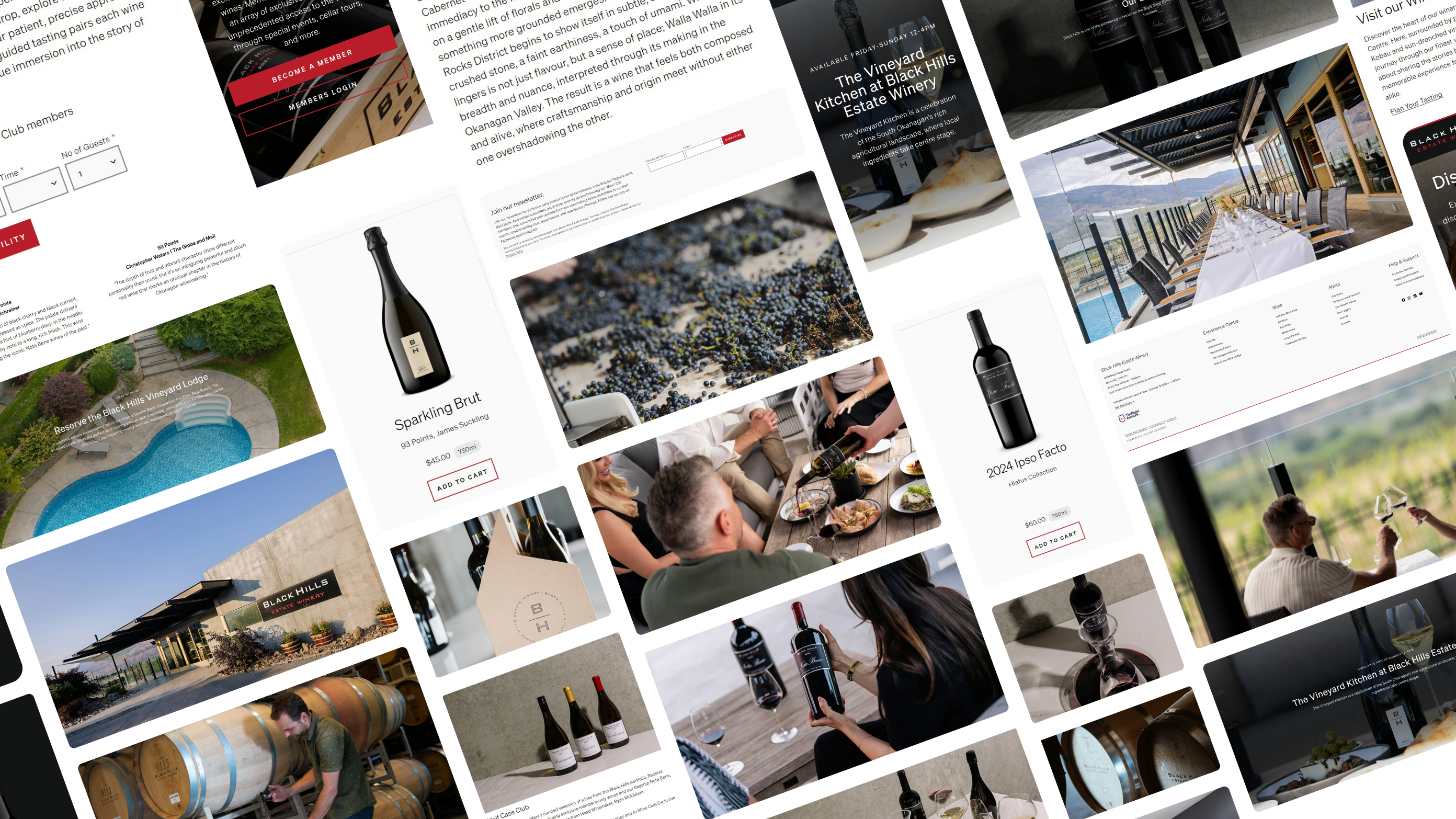 Pieces of the Black Hills Estate Winery website and phone screens, from tastings and the Vineyard Kitchen to the wines