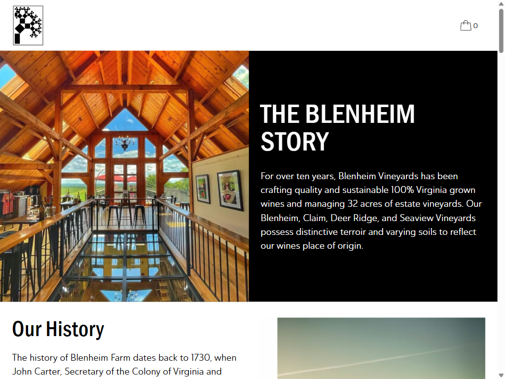 The Blenheim Story page on a tablet: the timber-framed tasting room with tall windows and a glass floor panel, beside the heading "The Blenheim Story".