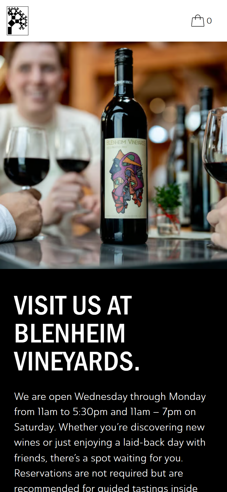 The Visit Us page on a phone: glasses of red wine and a Blenheim bottle above the heading "Visit Us at Blenheim Vineyards." and the opening hours.