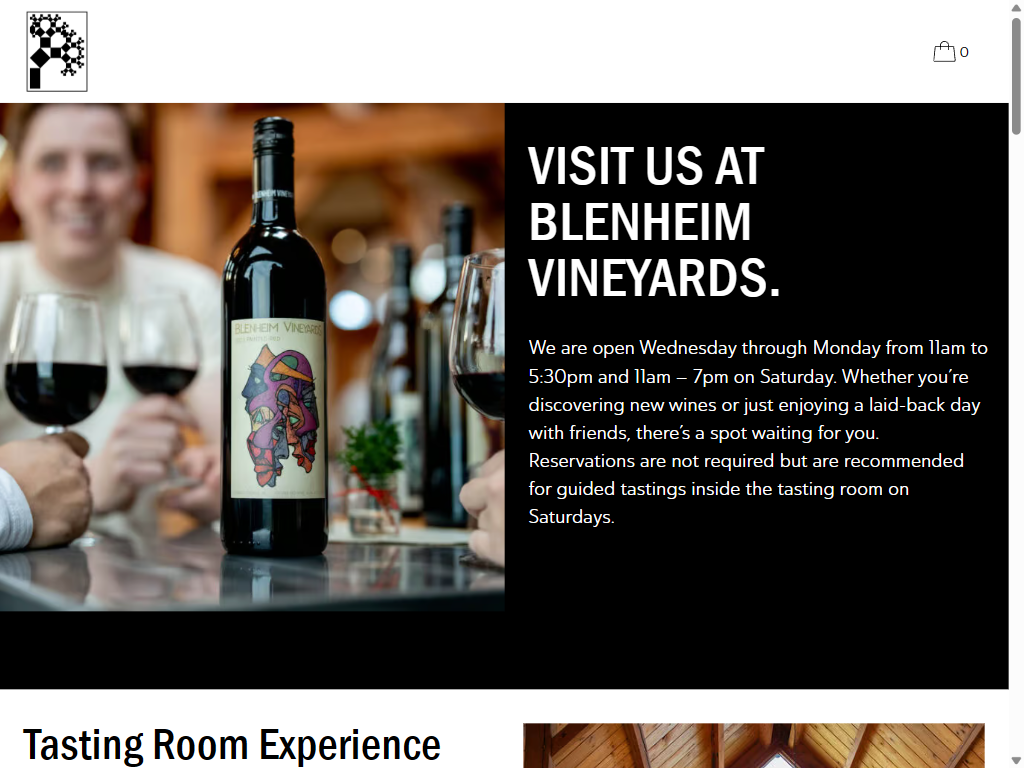 The Visit Us page on a tablet: two people raising glasses of red wine behind a Blenheim bottle, with the heading "Visit Us at Blenheim Vineyards." and the tasting room opening hours.