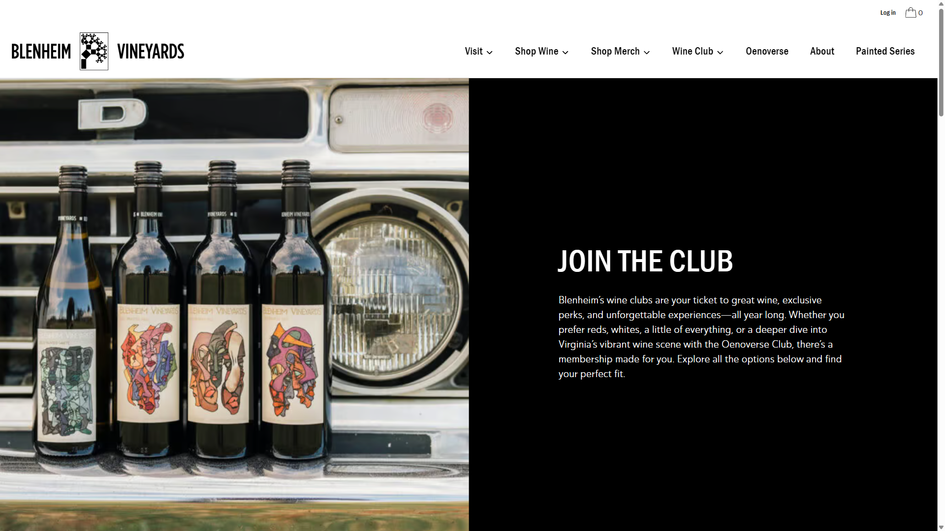 The Blenheim wine club page on desktop: a row of bottles with painted labels lined up along the front of a vintage truck, beside the heading "Join the Club".