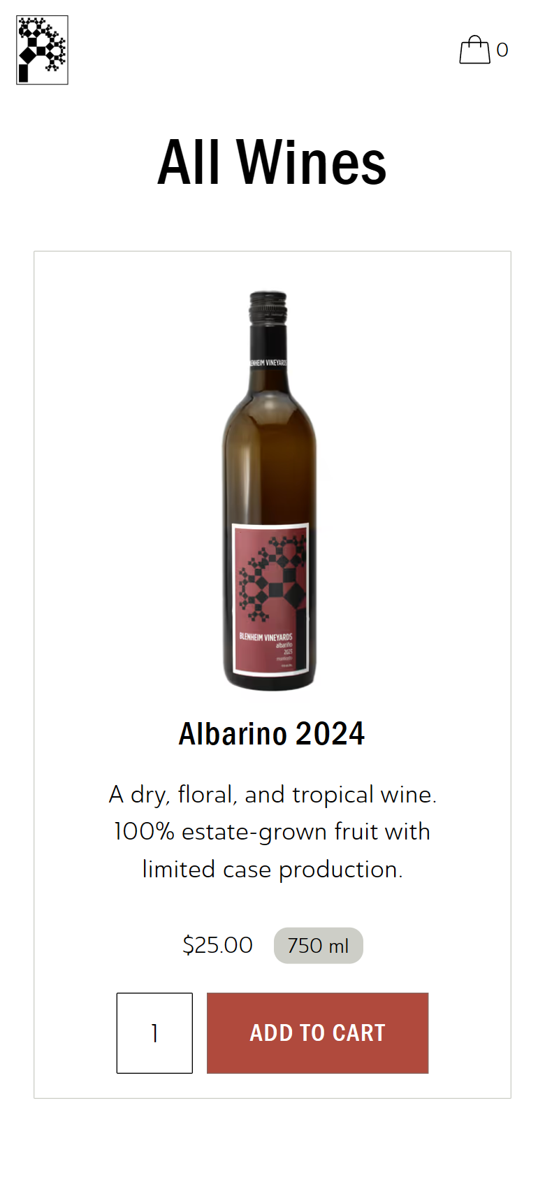 The All Wines shop on a phone, showing the Albariño 2024 at $25.00 for 750ml with a quantity field and an Add to Cart button.