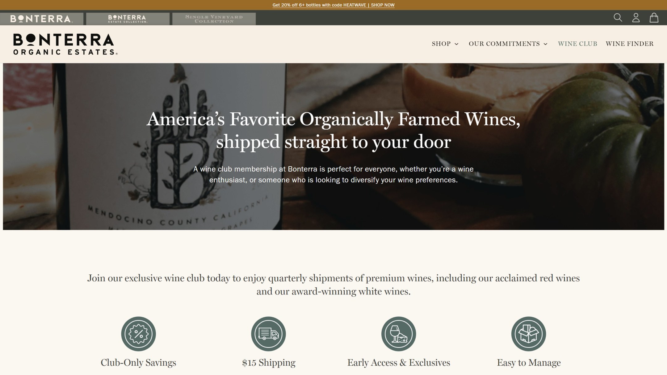 The Bonterra wine club page at launch: America’s Favorite Organically Farmed Wines, shipped straight to your door