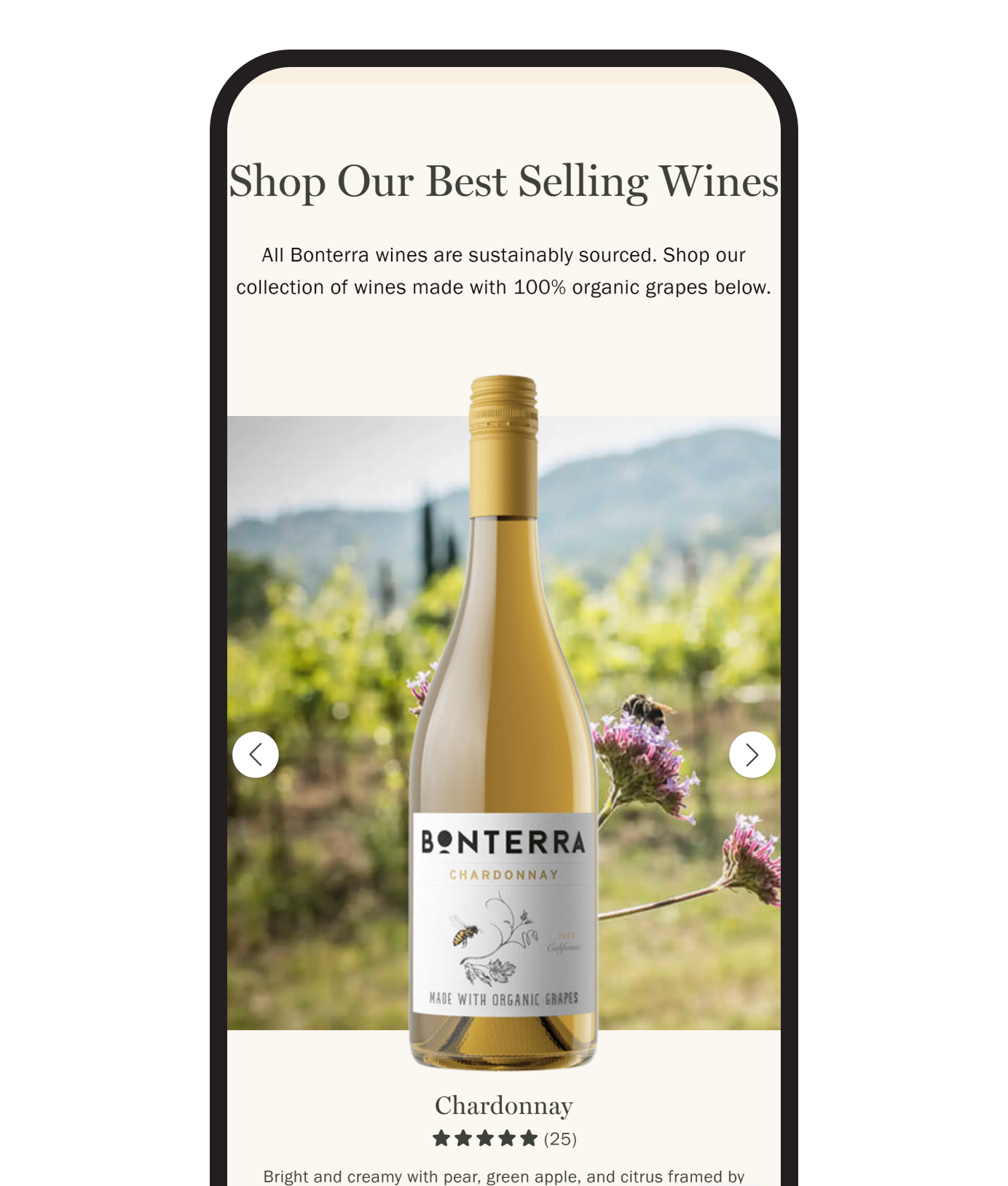 Shop Our Best Selling Wines on the Bonterra home page, on a phone