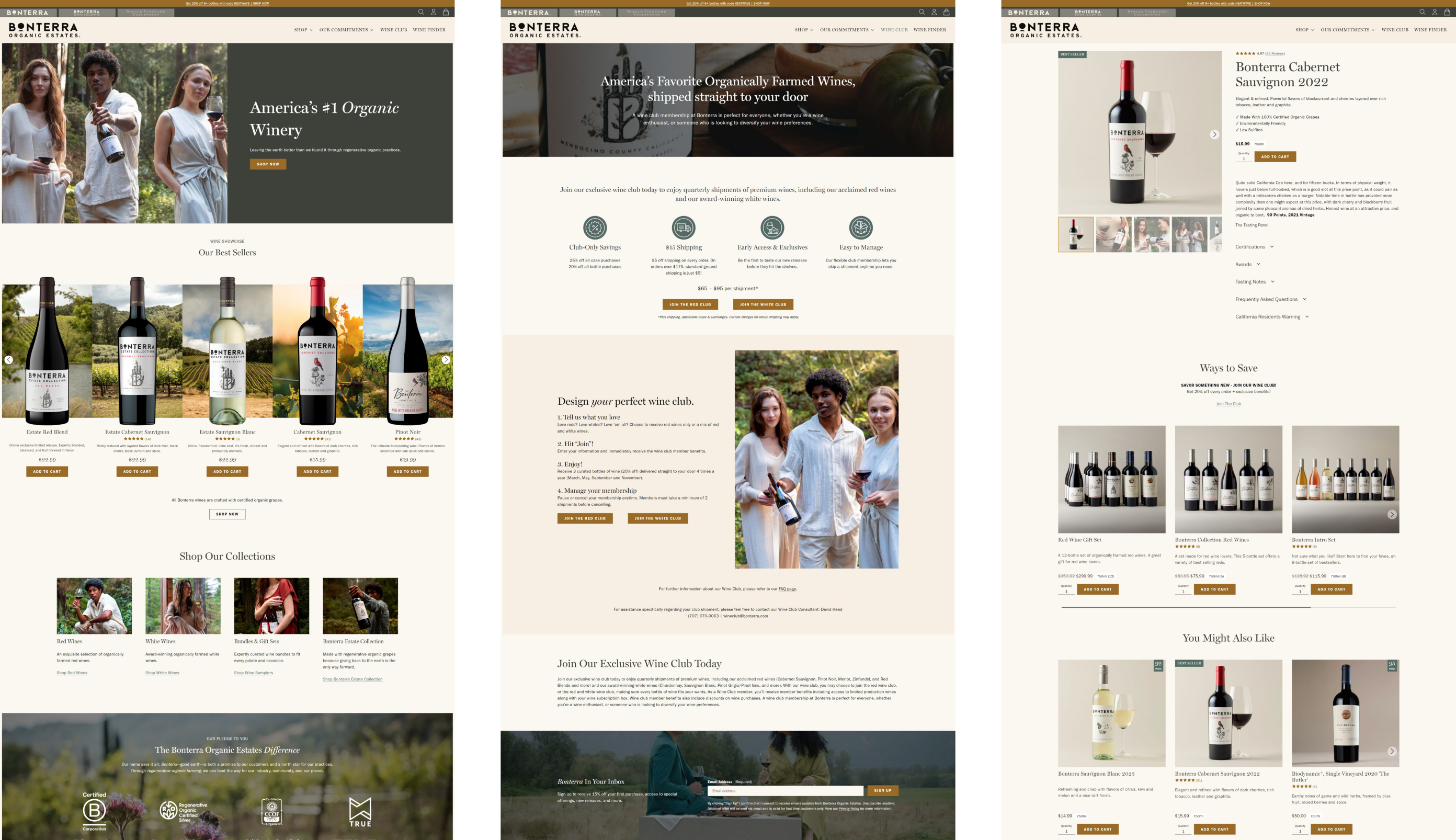 Three Bonterra pages at launch: home, the wine club and a product page