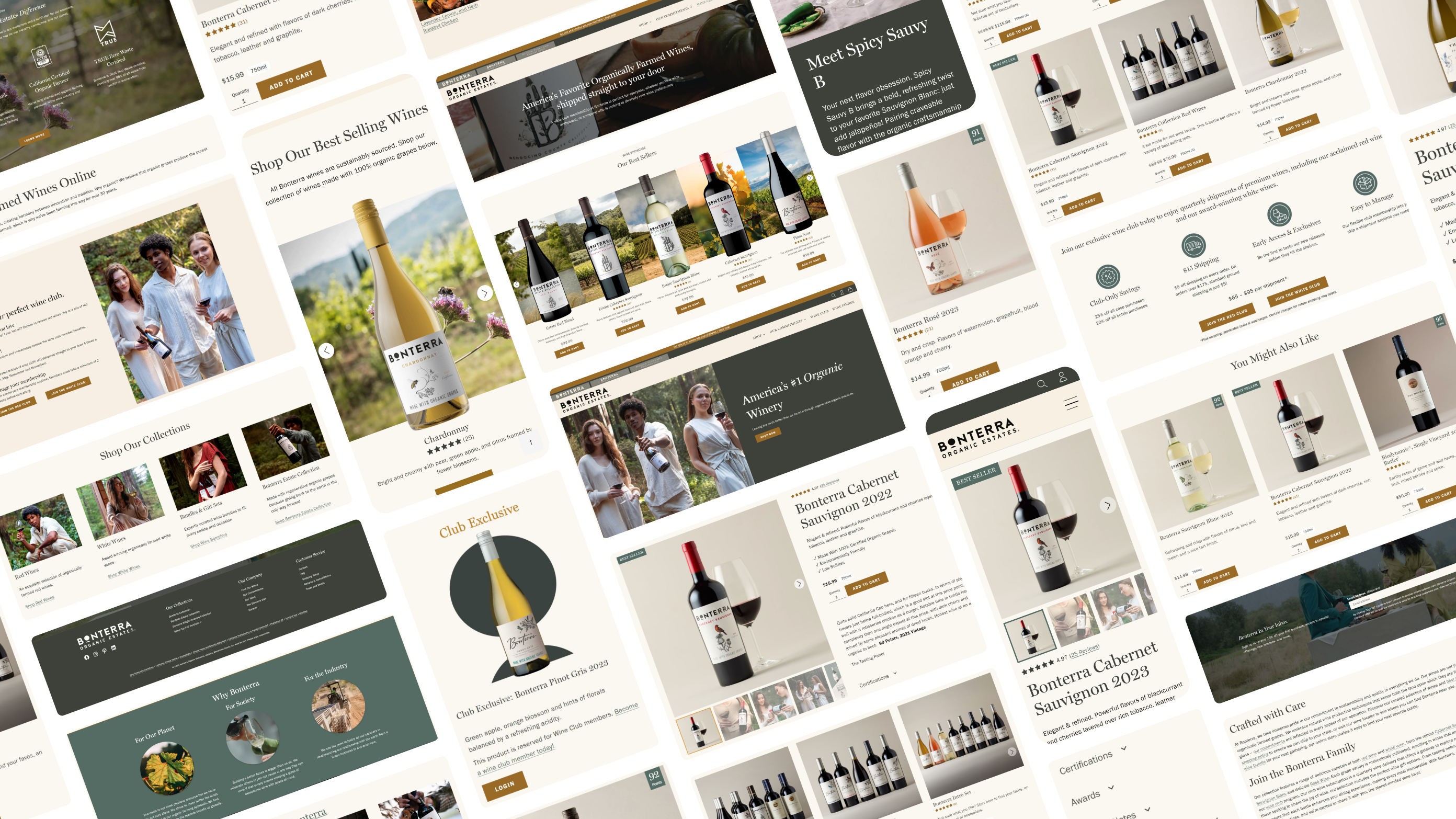 Pieces of the Bonterra website and phone screens, from the home page and best sellers to the shop, the wine club and product pages