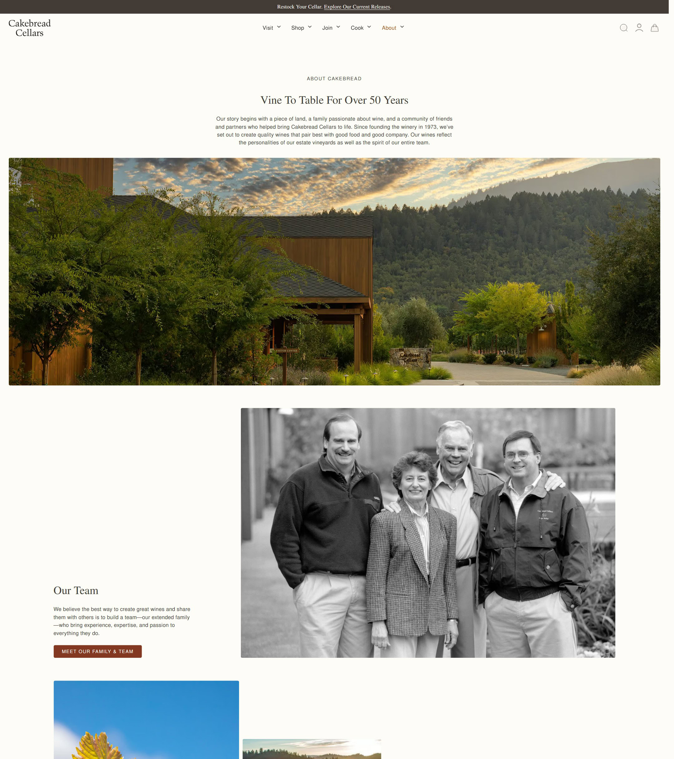 The Cakebread Cellars About page now: Vine To Table For Over 50 Years