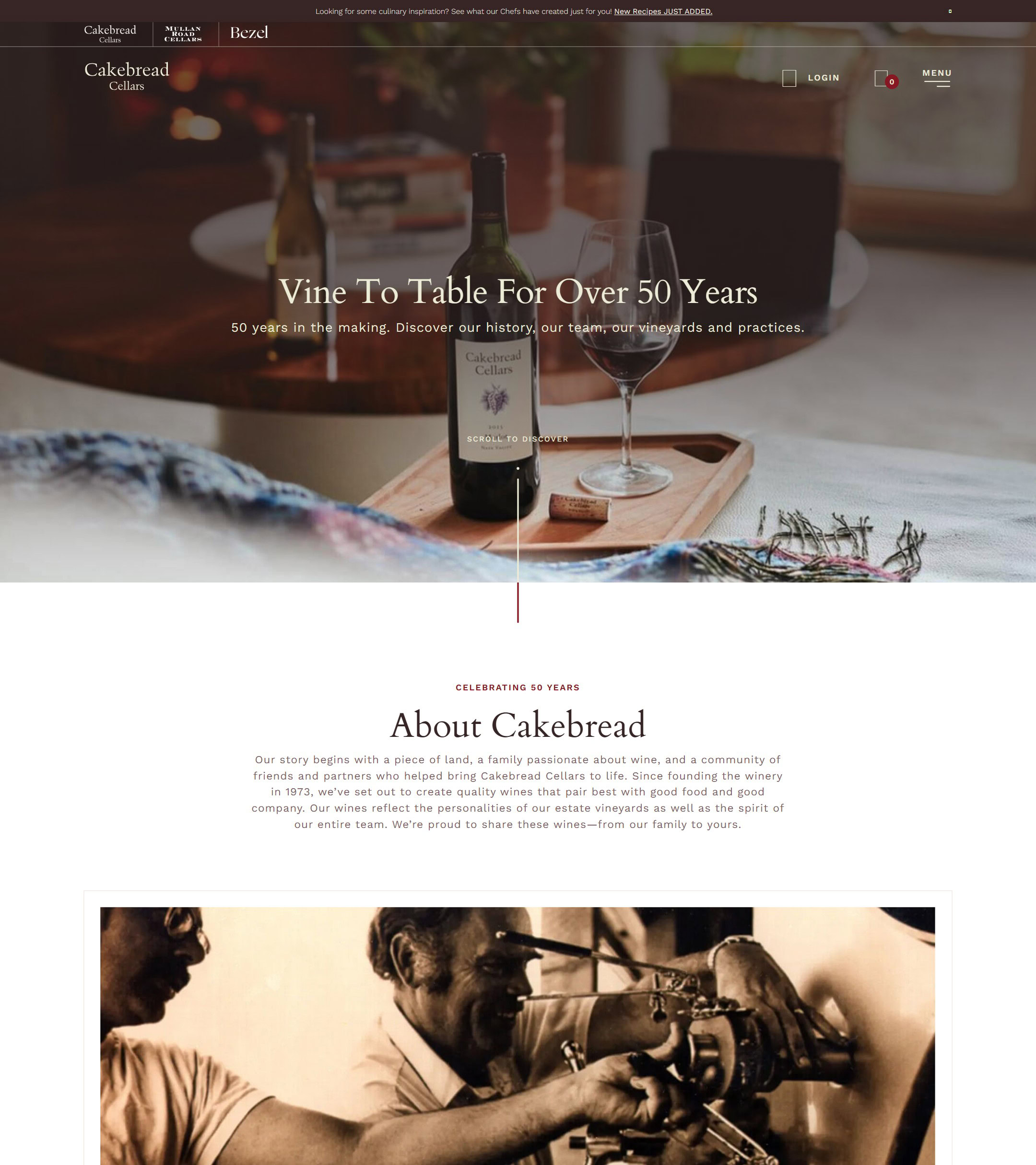 The Cakebread Cellars About page in 2024, on the old site: Vine To Table For Over 50 Years