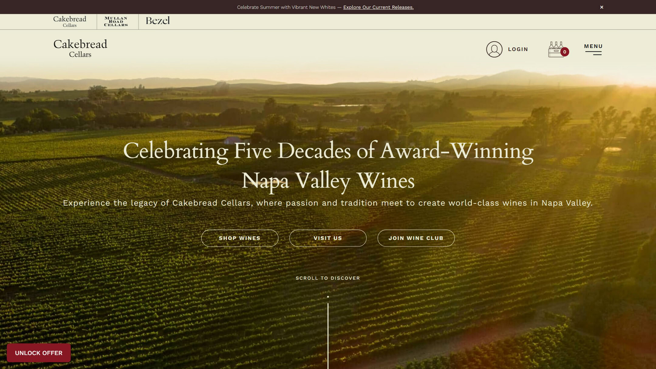 The Cakebread Cellars home page in 2025, on the old site: Celebrating Five Decades of Award-Winning Napa Valley Wines