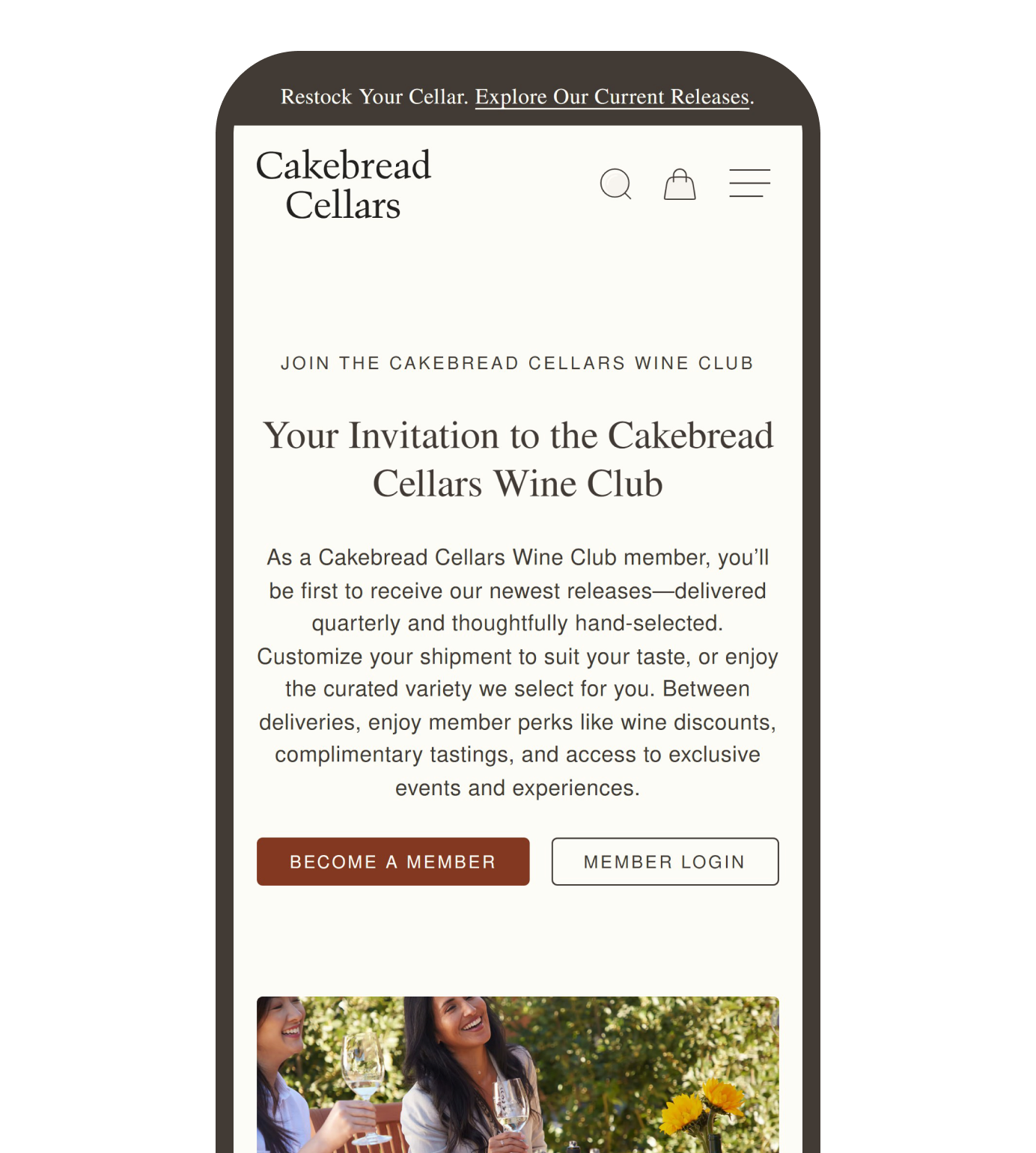 The Cakebread Cellars Wine Club page on a phone