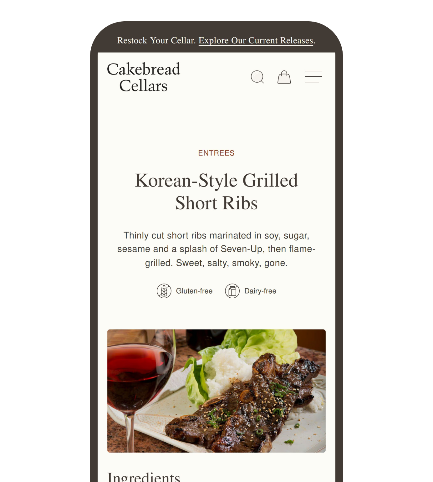A Cakebread Cellars recipe on a phone: Korean-Style Grilled Short Ribs