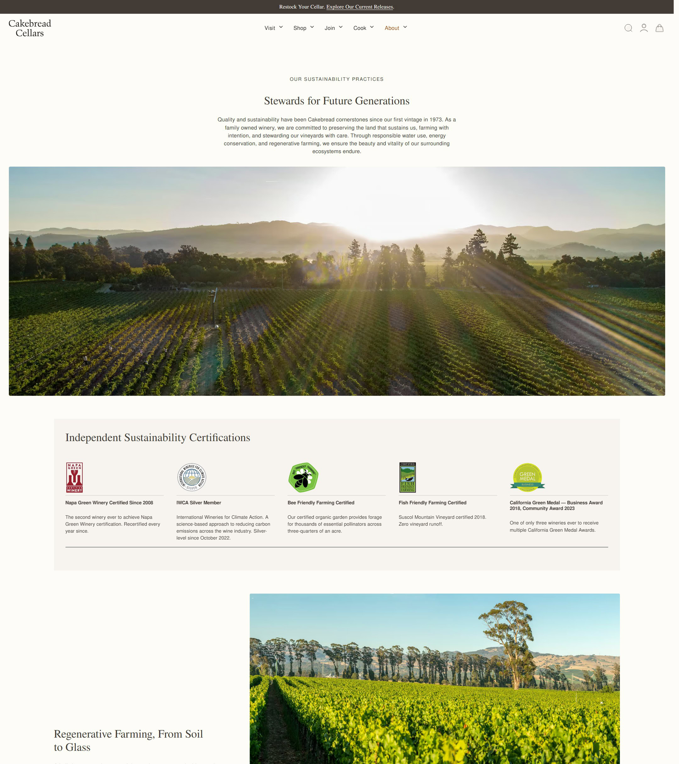 The Cakebread Cellars practices page now: Stewards for Future Generations