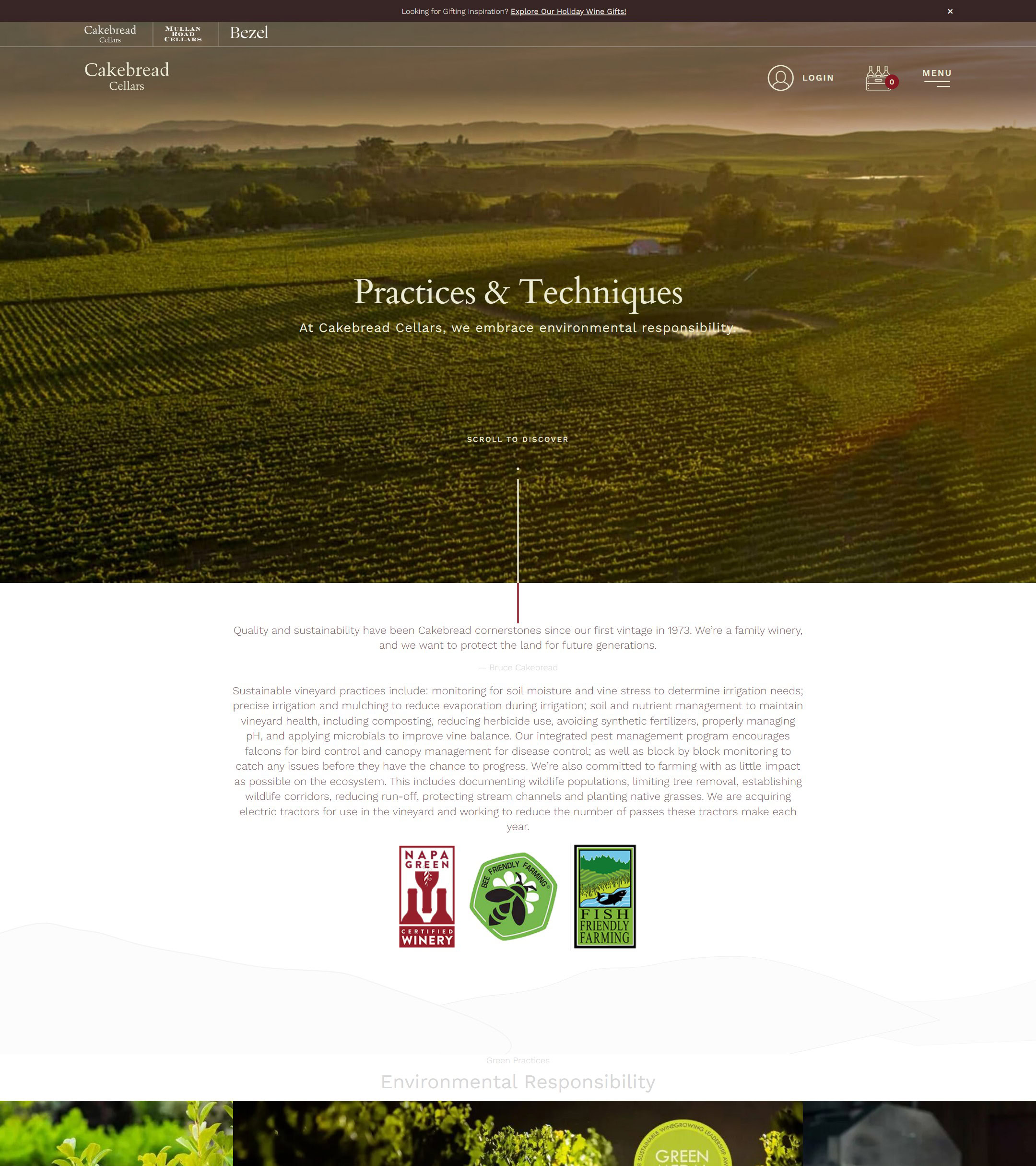 The Cakebread Cellars practices page in 2024, on the old site: Practices and Techniques