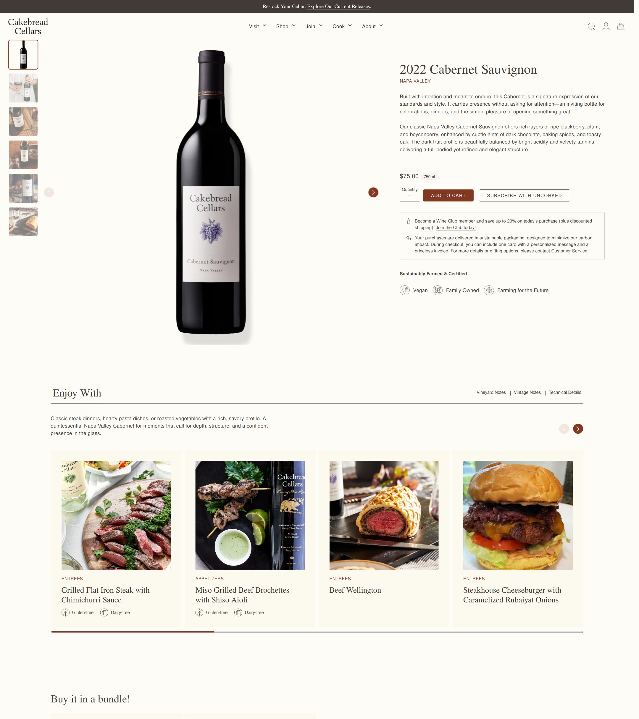 A Cakebread Cellars product page now: the 2022 Cabernet Sauvignon, with recipes to enjoy it with
