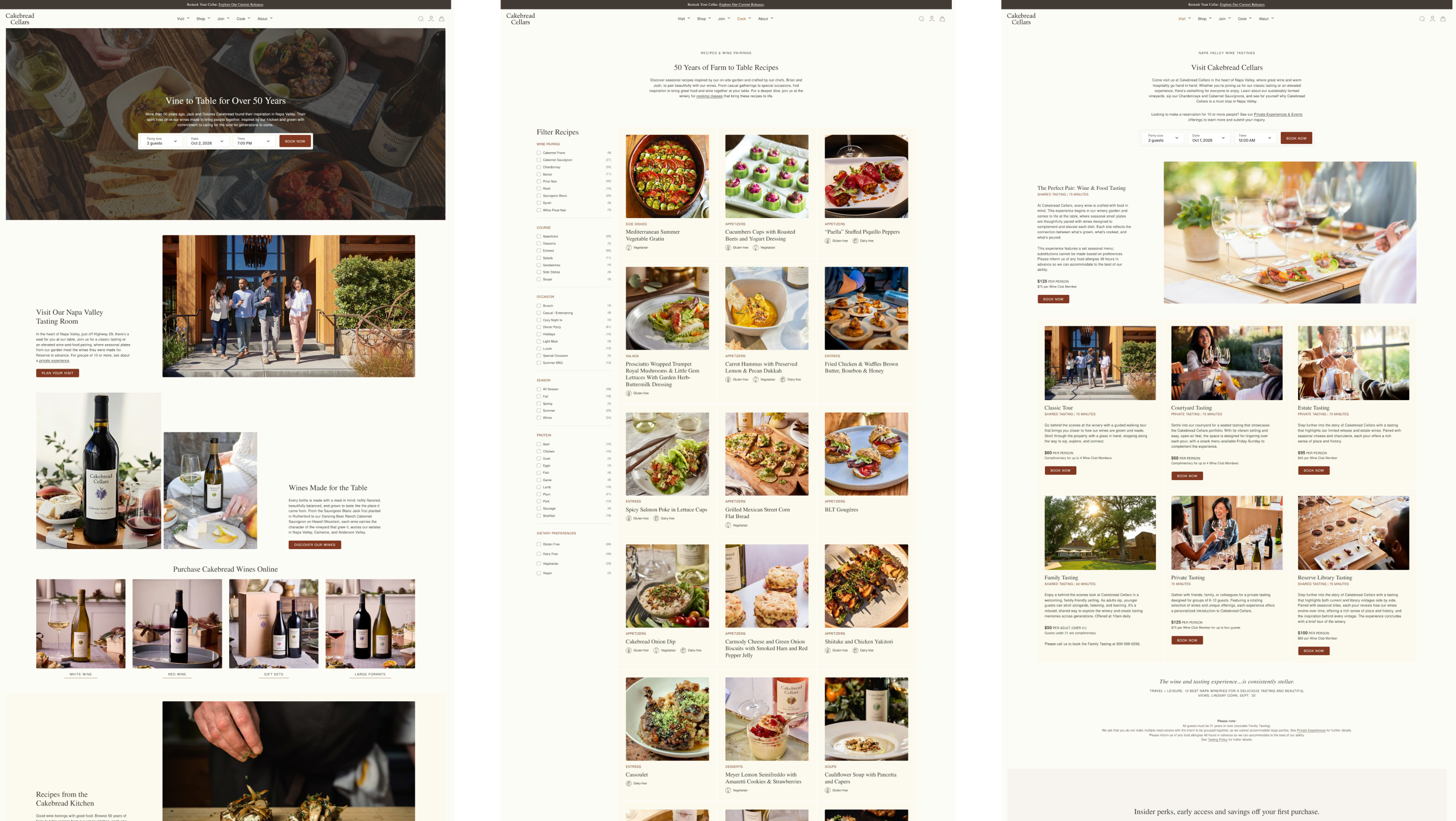 Three Cakebread Cellars pages: home, 50 Years of Farm to Table Recipes, and Visit Cakebread Cellars