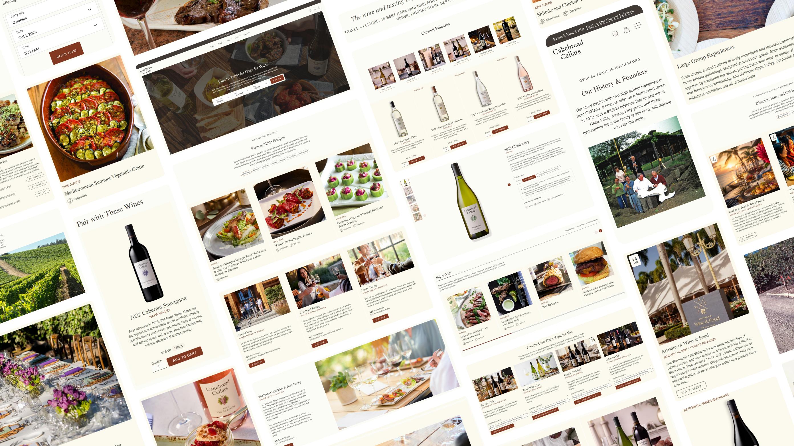 Pieces of the Cakebread Cellars website and phone screens, from the shop, the recipes and the wine club to tastings and events