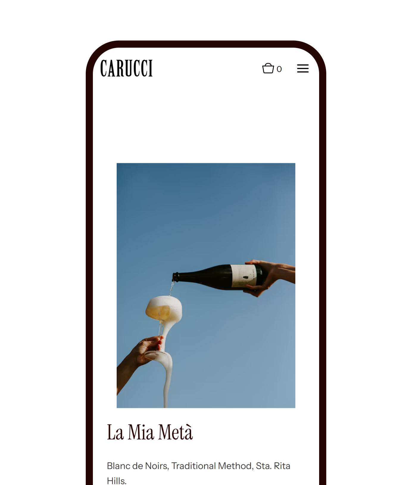 The La Mia Metà sparkling wine page on a phone