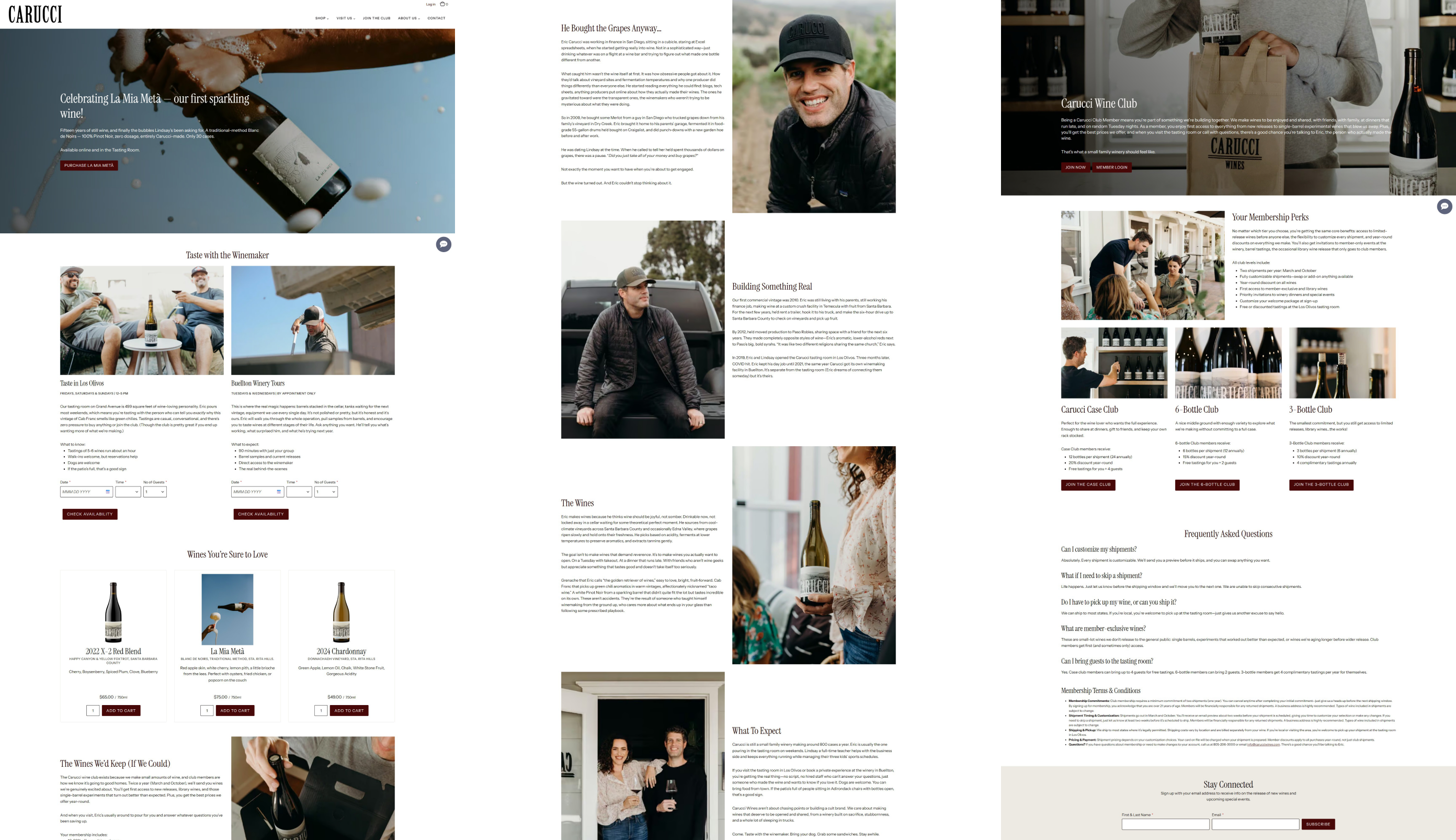 Carucci Wines website: three long pages, home, Our Story and Wine Club