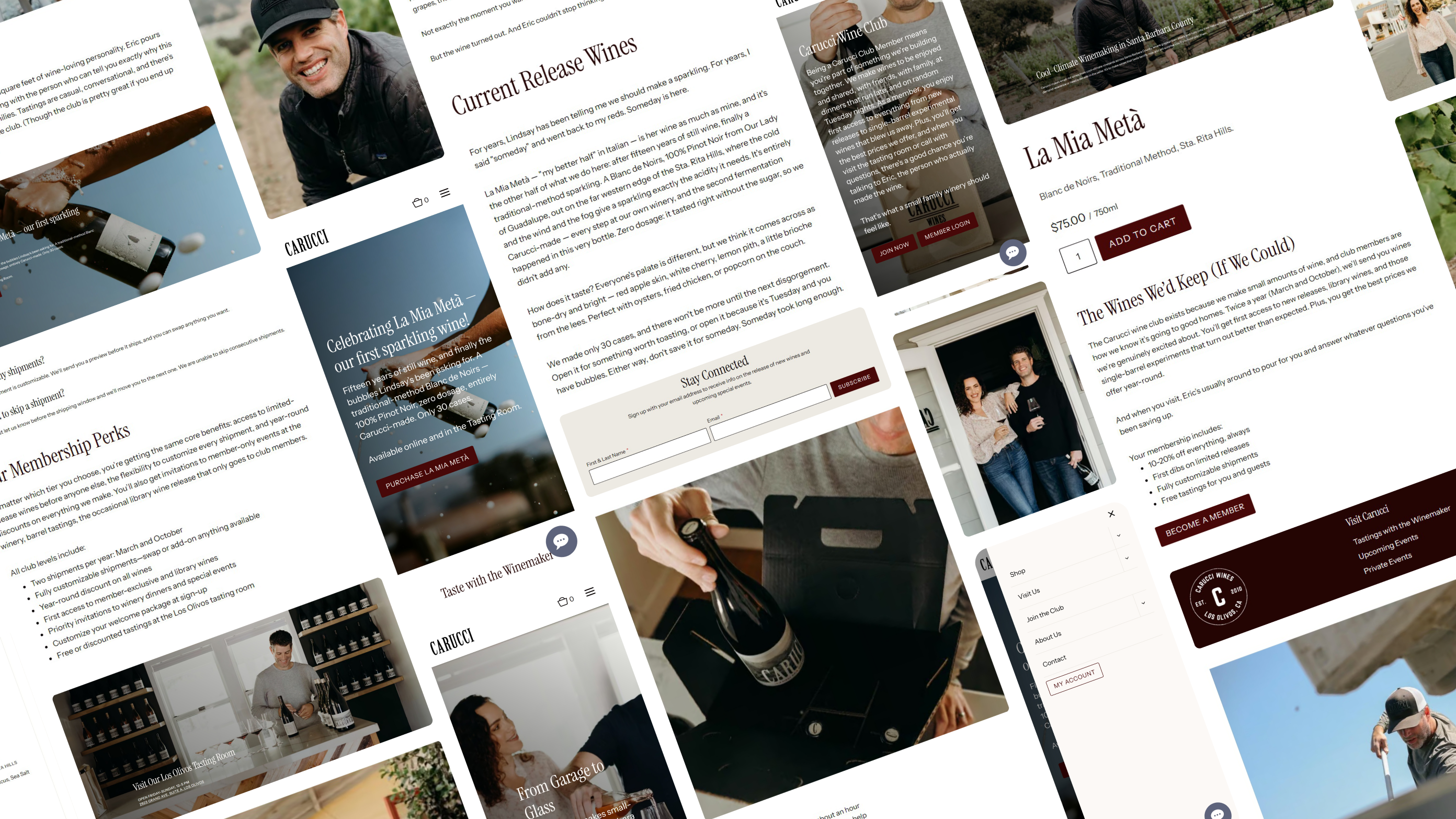 Pieces of the Carucci Wines website, from the wine club and tastings to La Mia Metà