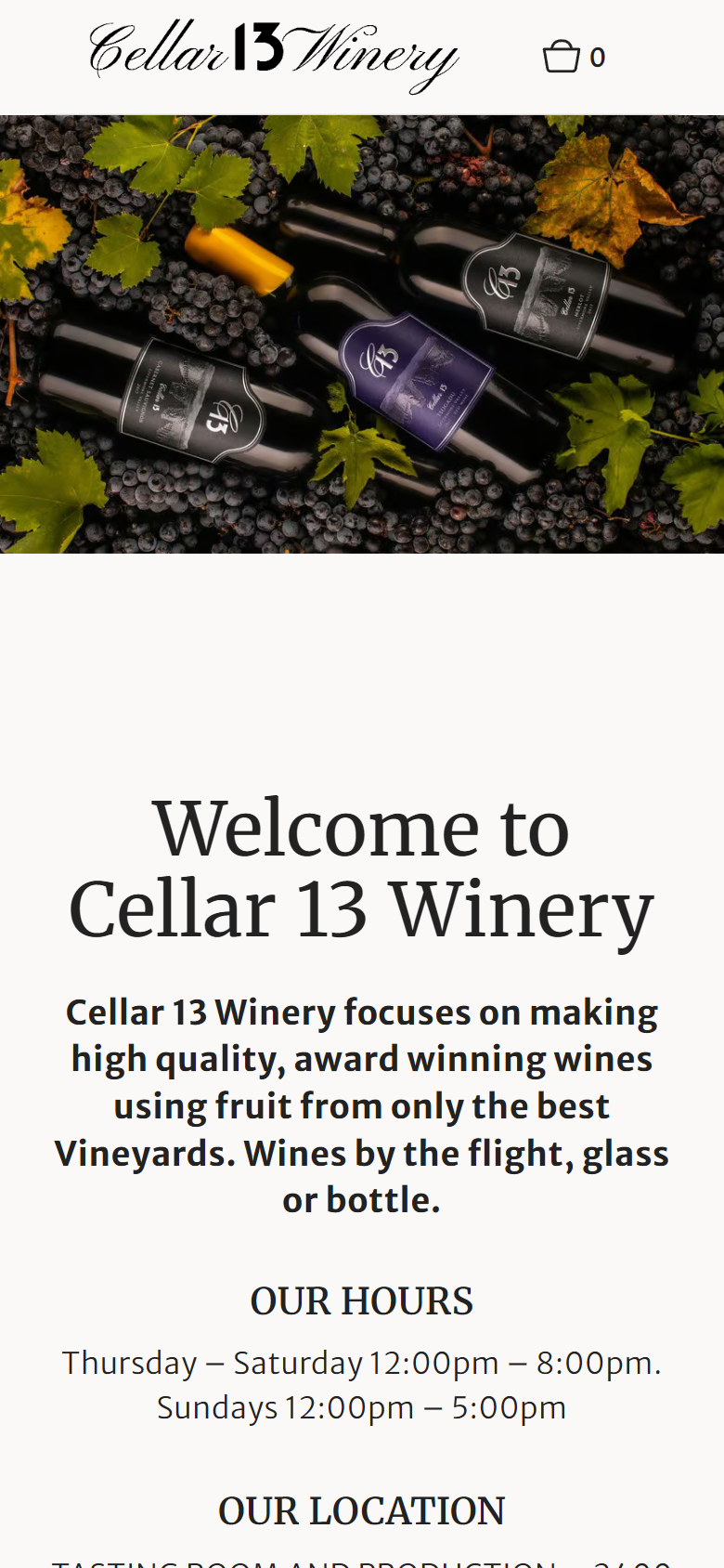 The Cellar 13 home page on a phone: the bottles and grapes above "Welcome to Cellar 13 Winery" and the tasting room hours.