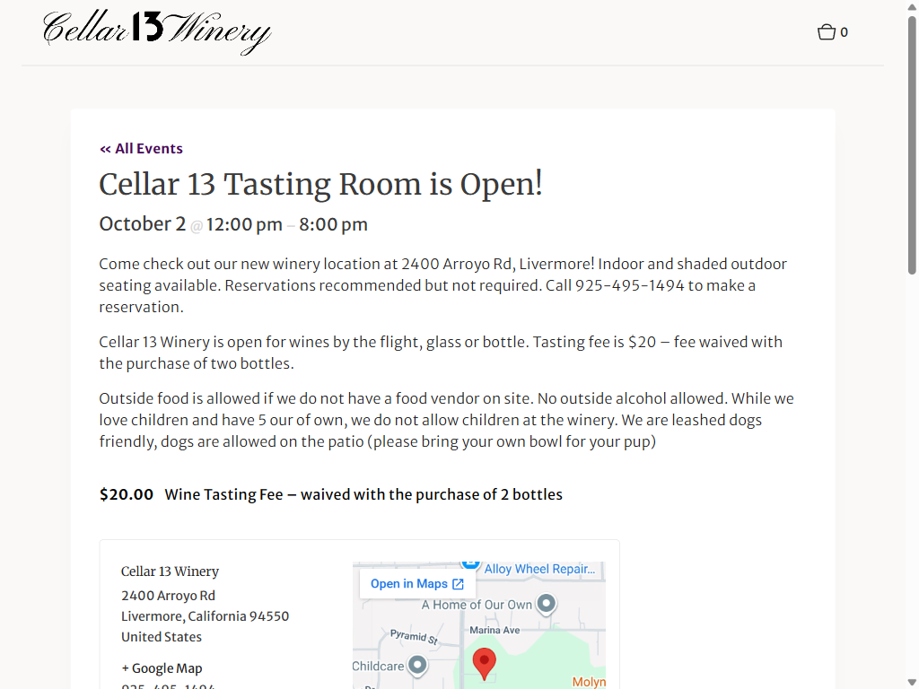 An events page on a tablet announcing "Cellar 13 Tasting Room is Open!" on October 2, with tasting fees, outdoor seating and a map of the Arroyo Road location in Livermore.