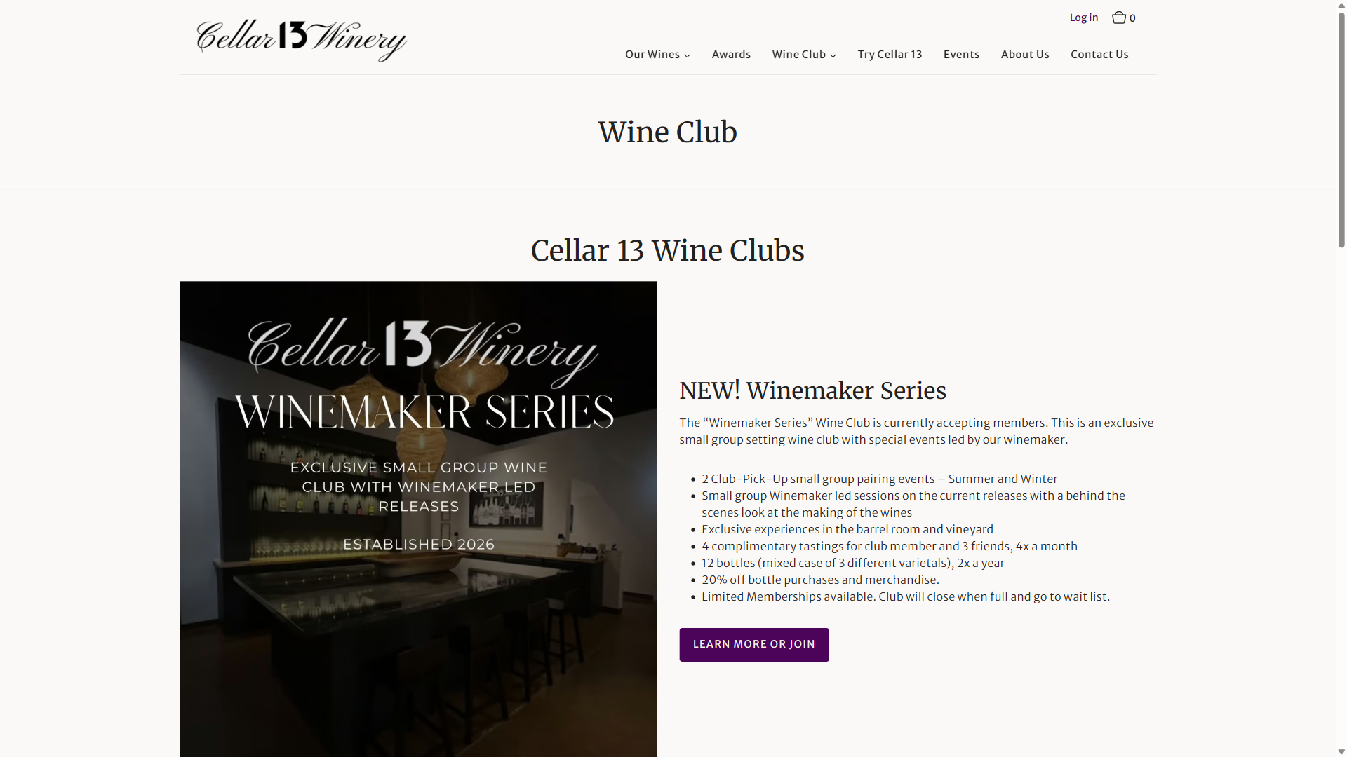The Cellar 13 wine club page on desktop, introducing the new Winemaker Series club beside its black-and-white logo card, with a list of member benefits.