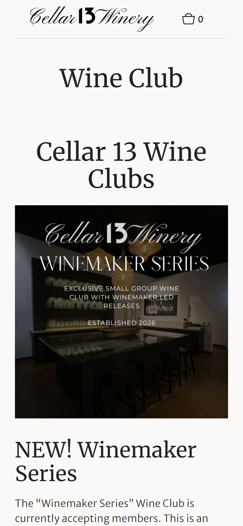 The wine club page on a phone, headed "Cellar 13 Wine Clubs", with the Winemaker Series card above the new club's description.