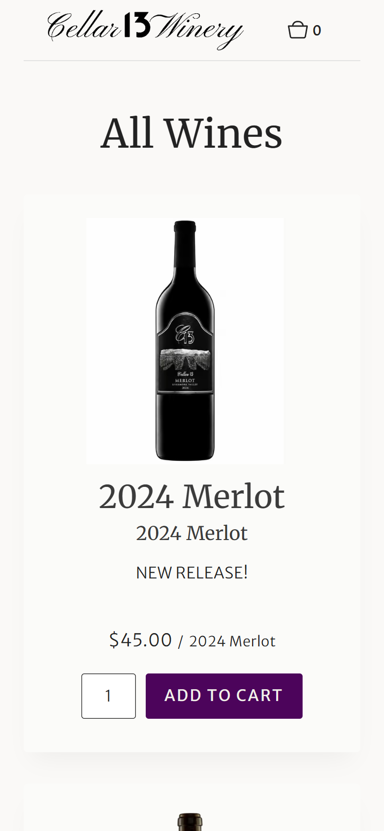 The All Wines shop on a phone, showing the 2024 Merlot at $45.00 with a quantity field and an Add to Cart button.