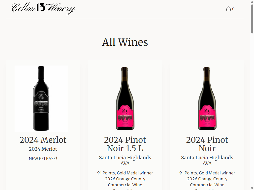 The All Wines shop on a tablet, showing the 2024 Merlot, a 1.5 liter 2024 Pinot Noir and the 2024 Santa Lucia Highlands Pinot Noir.
