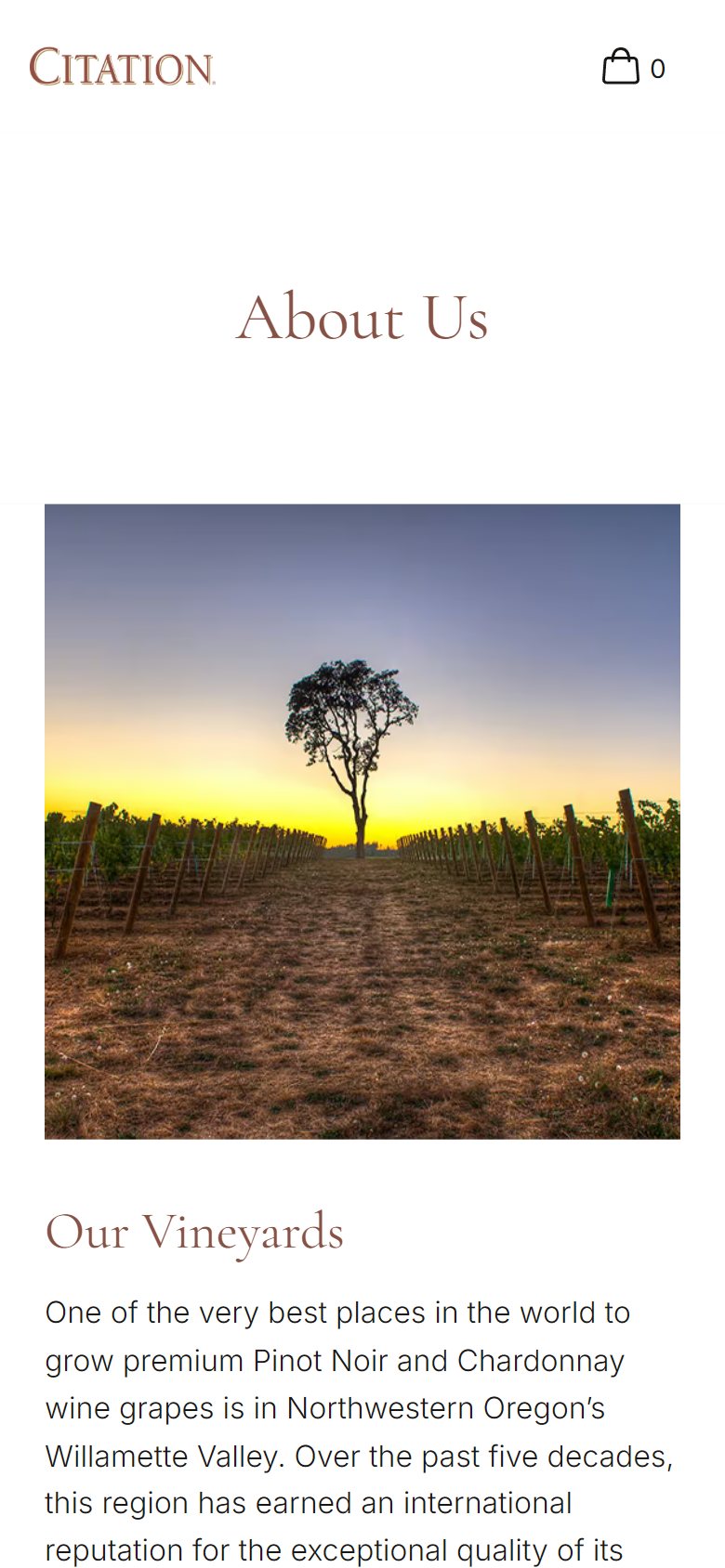 The About Us page on a phone, with the vineyard photograph above "Our Vineyards".
