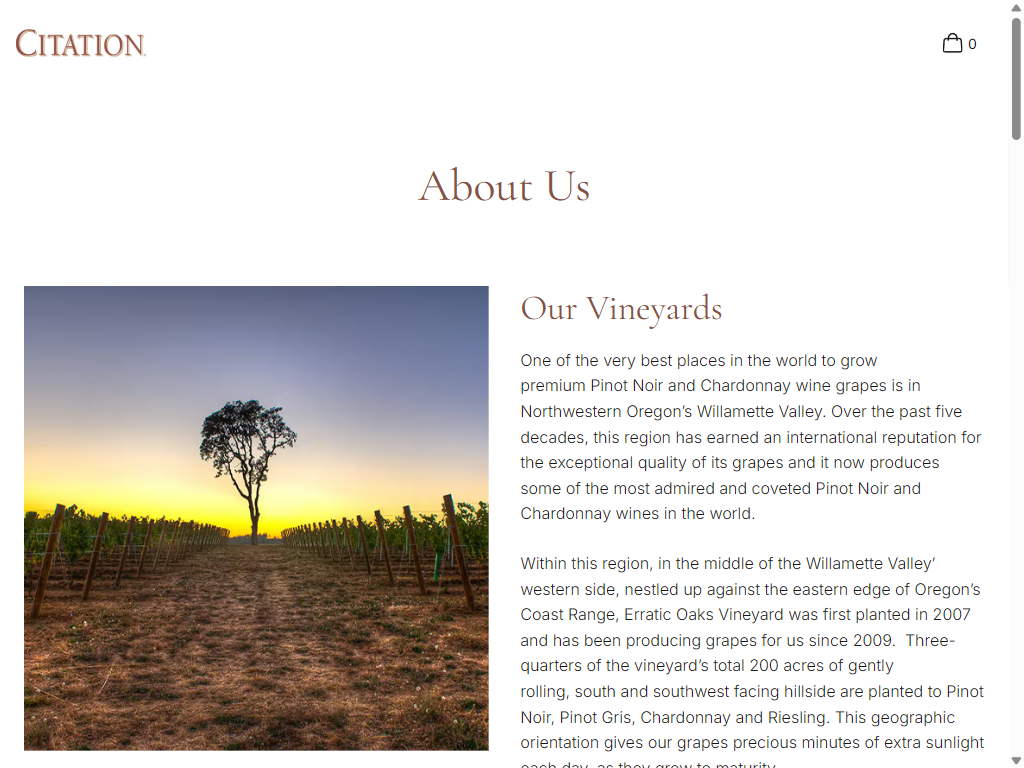 The About Us page on a tablet: the lone tree in the vineyard beside the story of the Erratic Oaks Vineyard in Oregon's Willamette Valley.