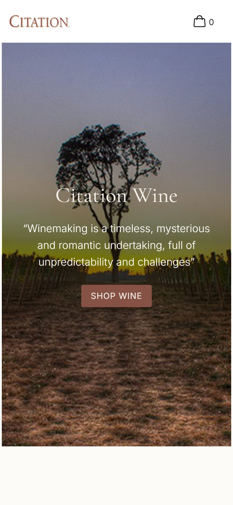 The Citation Wine home page on a phone: the lone tree at sunset with the winemaking quotation and a Shop Wine button.