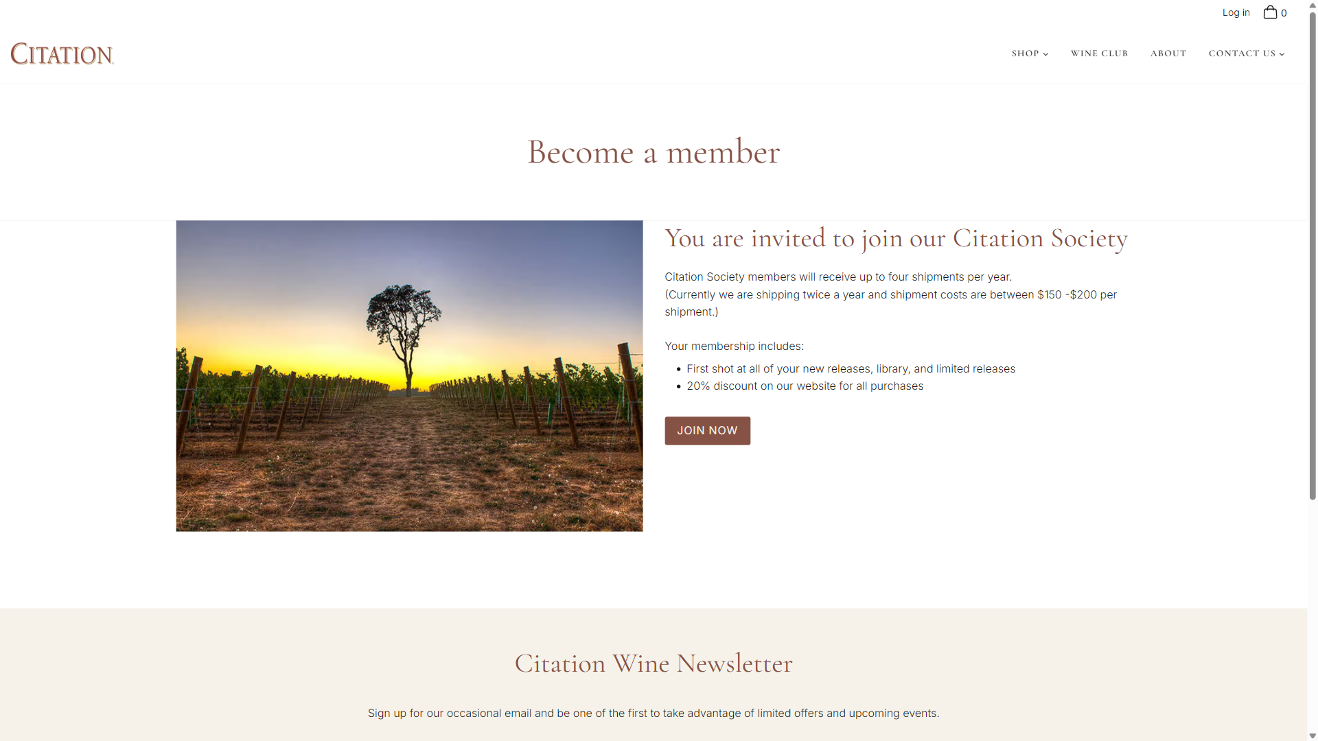 The Citation wine club page on desktop, inviting visitors to join the Citation Society, beside the lone-tree vineyard photograph and a Join Now button.