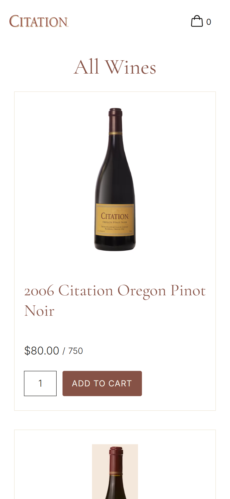 The All Wines shop on a phone, showing the 2006 Citation Oregon Pinot Noir at $80.00 with an Add to Cart button.