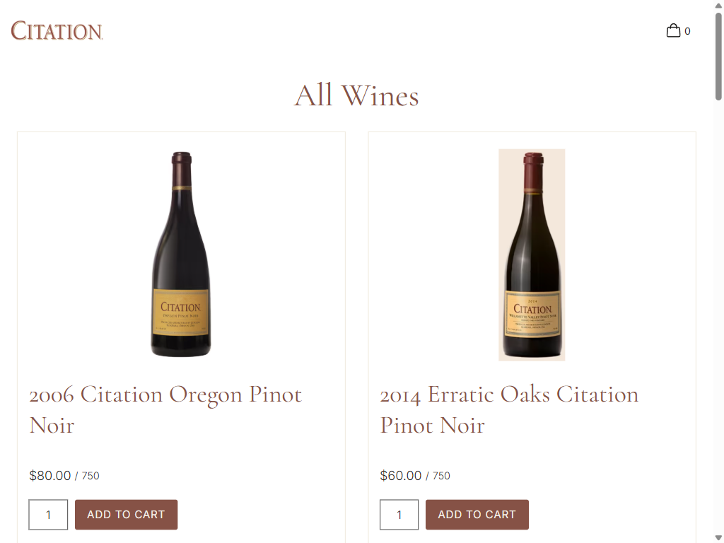 The All Wines shop on a tablet, showing the 2006 Citation Oregon Pinot Noir at $80.00 and the 2014 Erratic Oaks Citation Pinot Noir at $60.00.