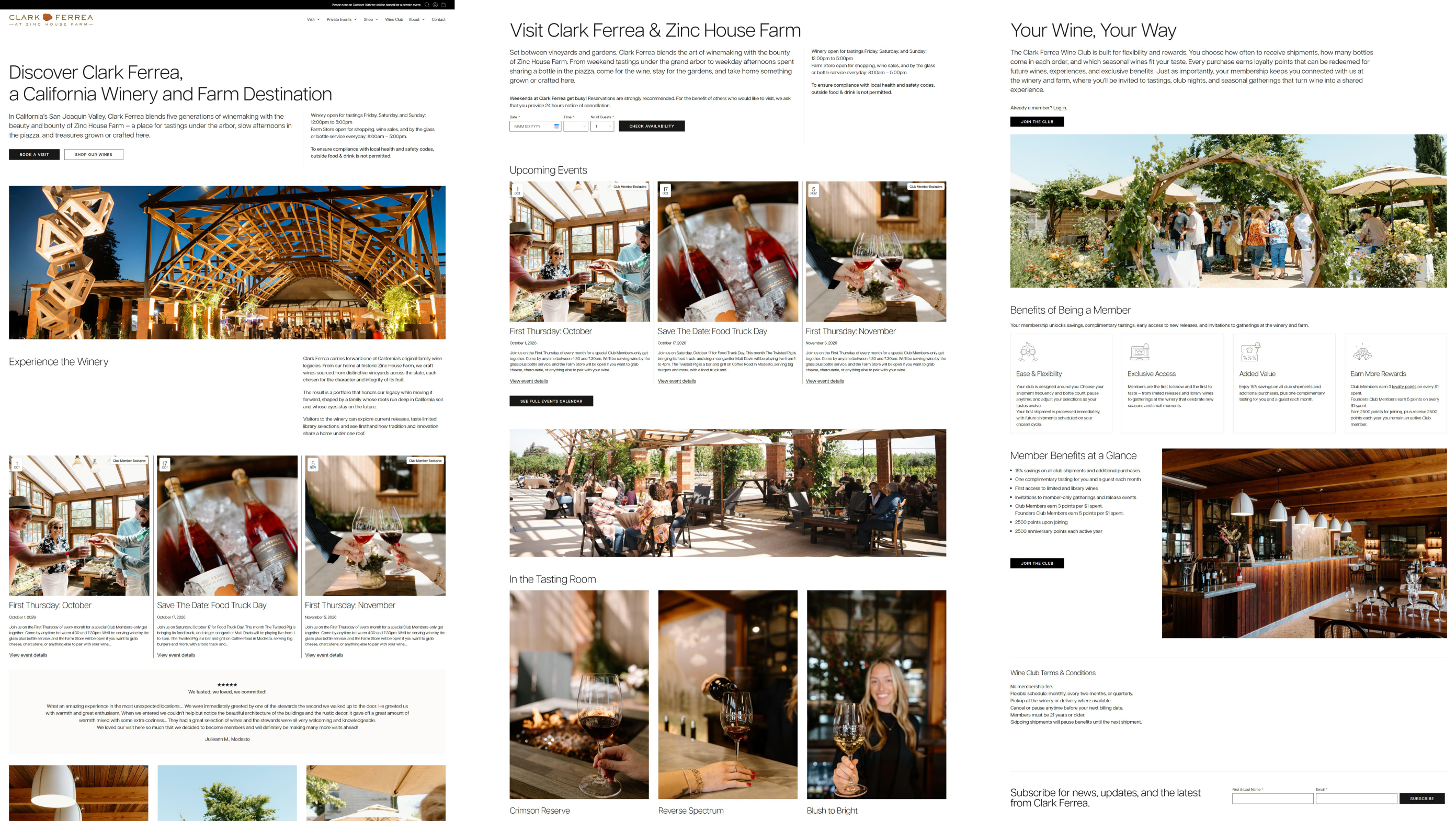Three Clark Ferrea pages: home, Visit and the wine club