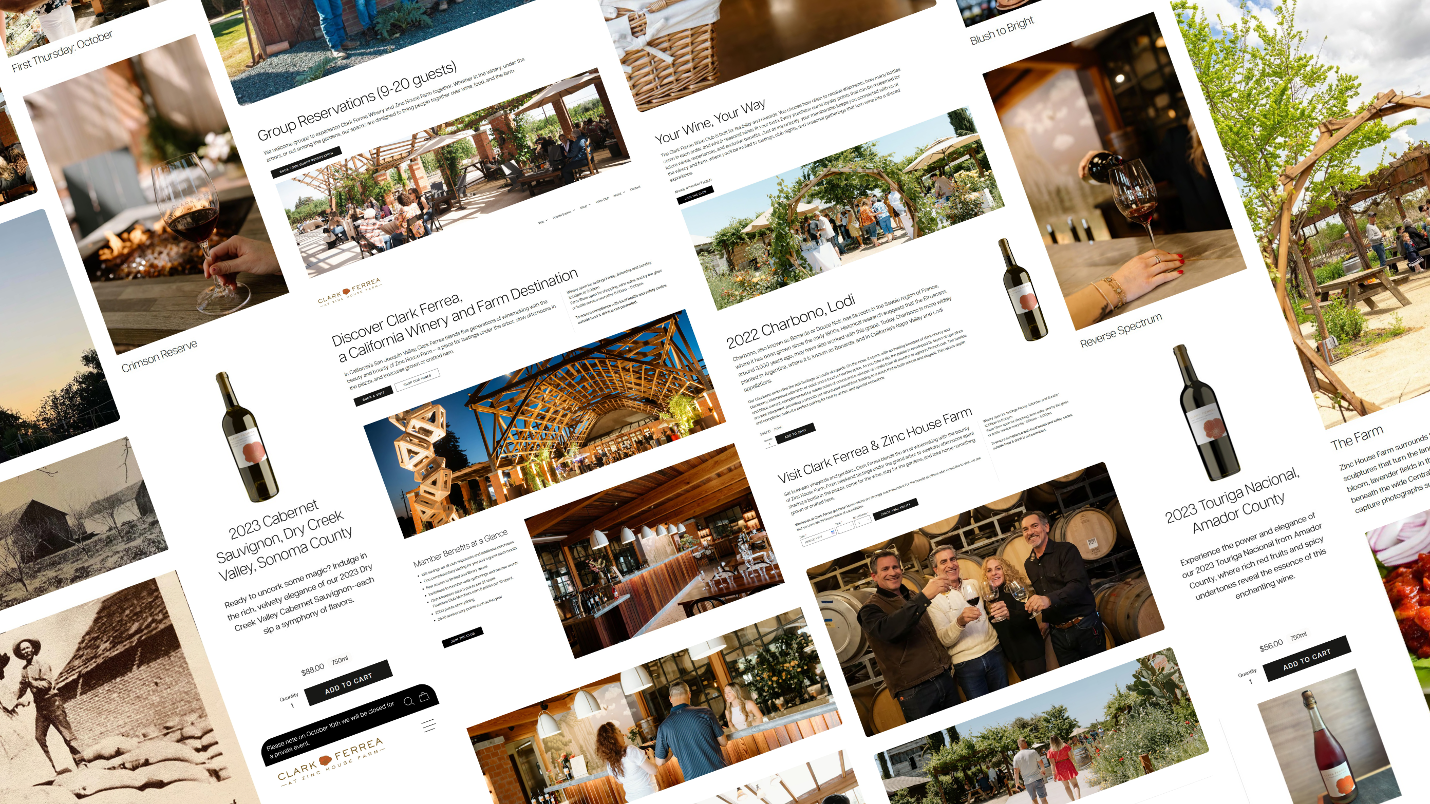 Pieces of the Clark Ferrea website, from tasting flights, the club and wines with Add to cart to the Franzia family, weddings and Zinc House Farm