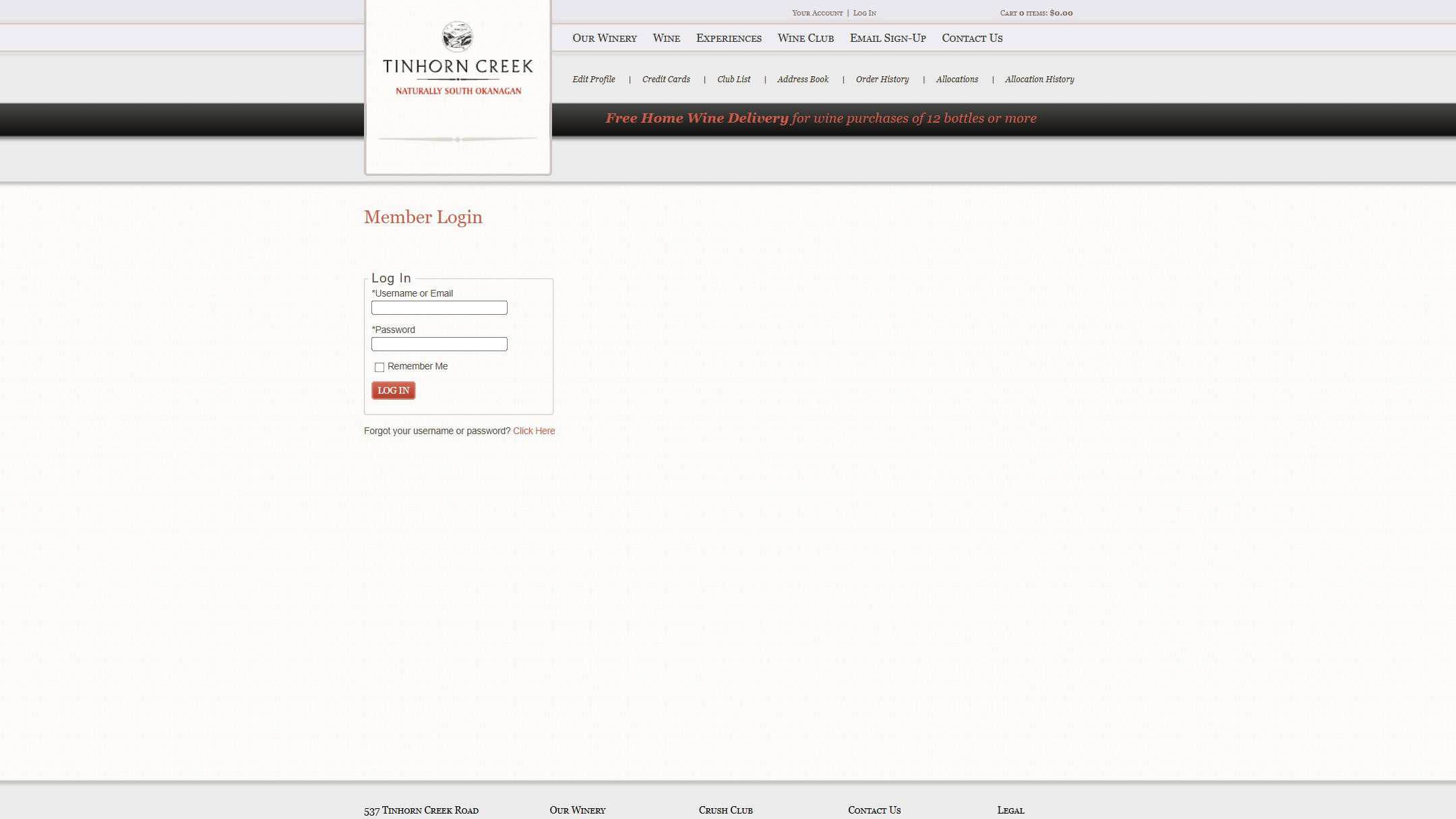 The Tinhorn Creek member login page in 2024, on the earlier website