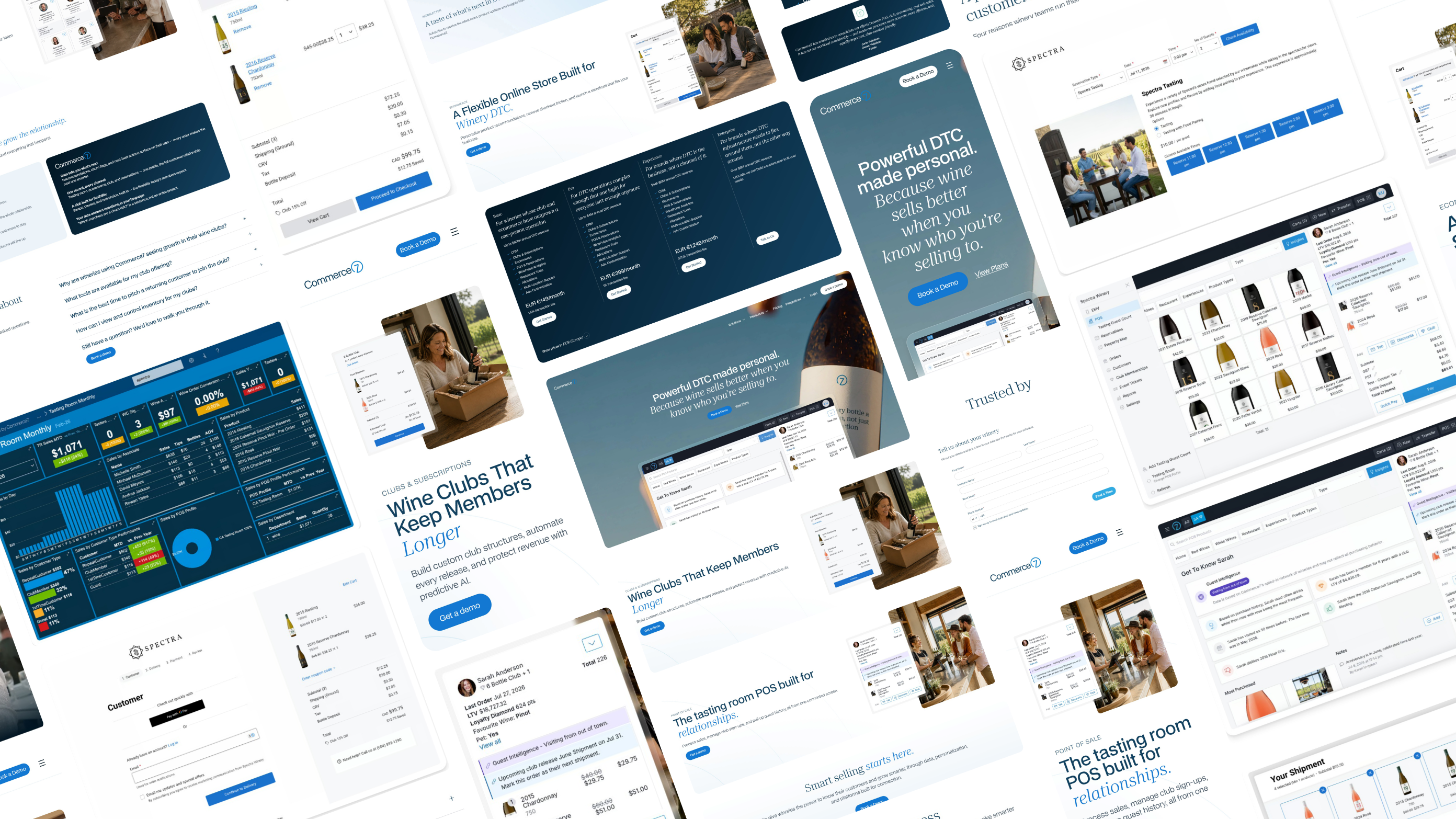 Pieces of the Commerce7 website and phone screens, from the home page, clubs and point of sale to analytics and pricing