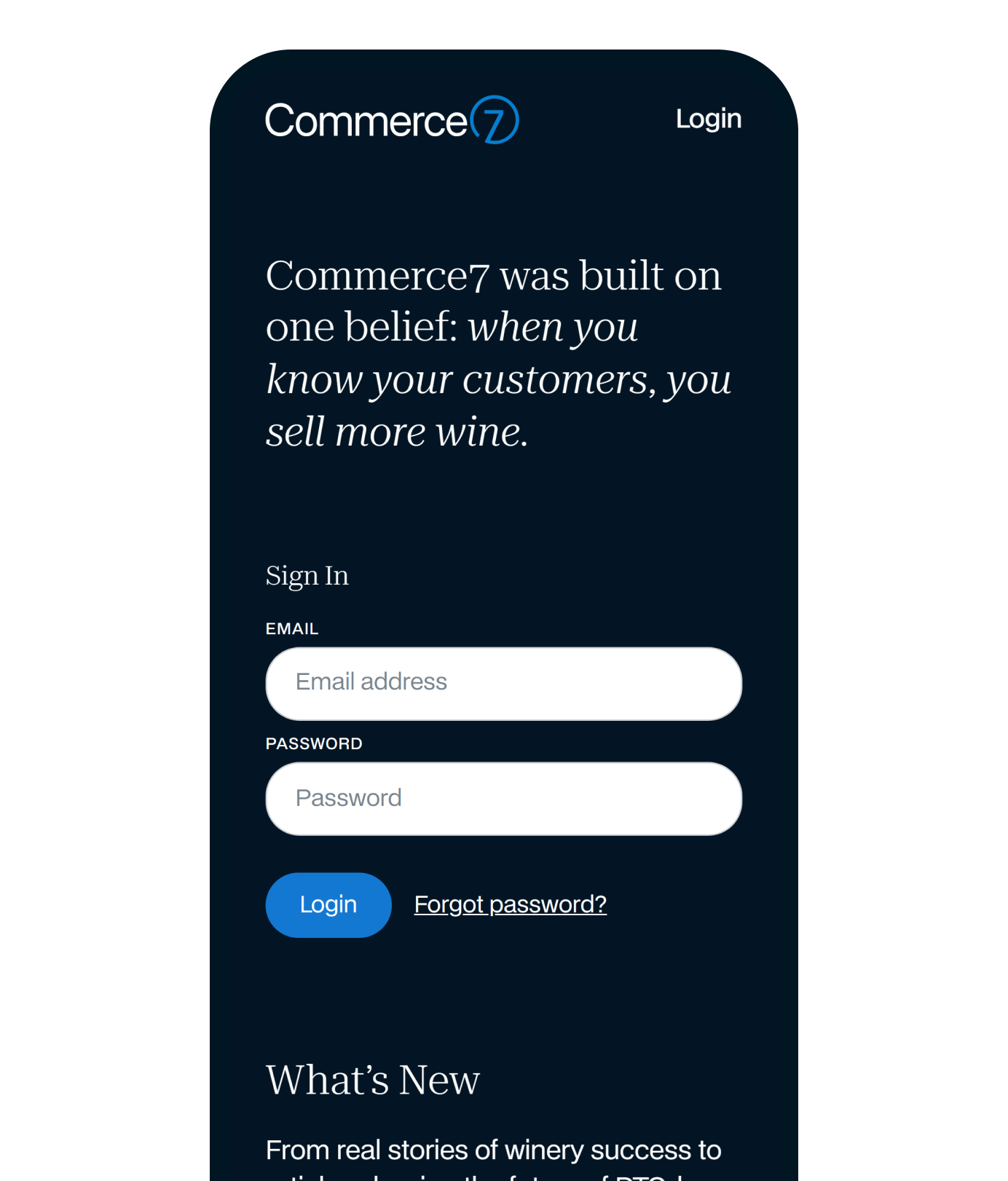 The Commerce7 login page on a phone