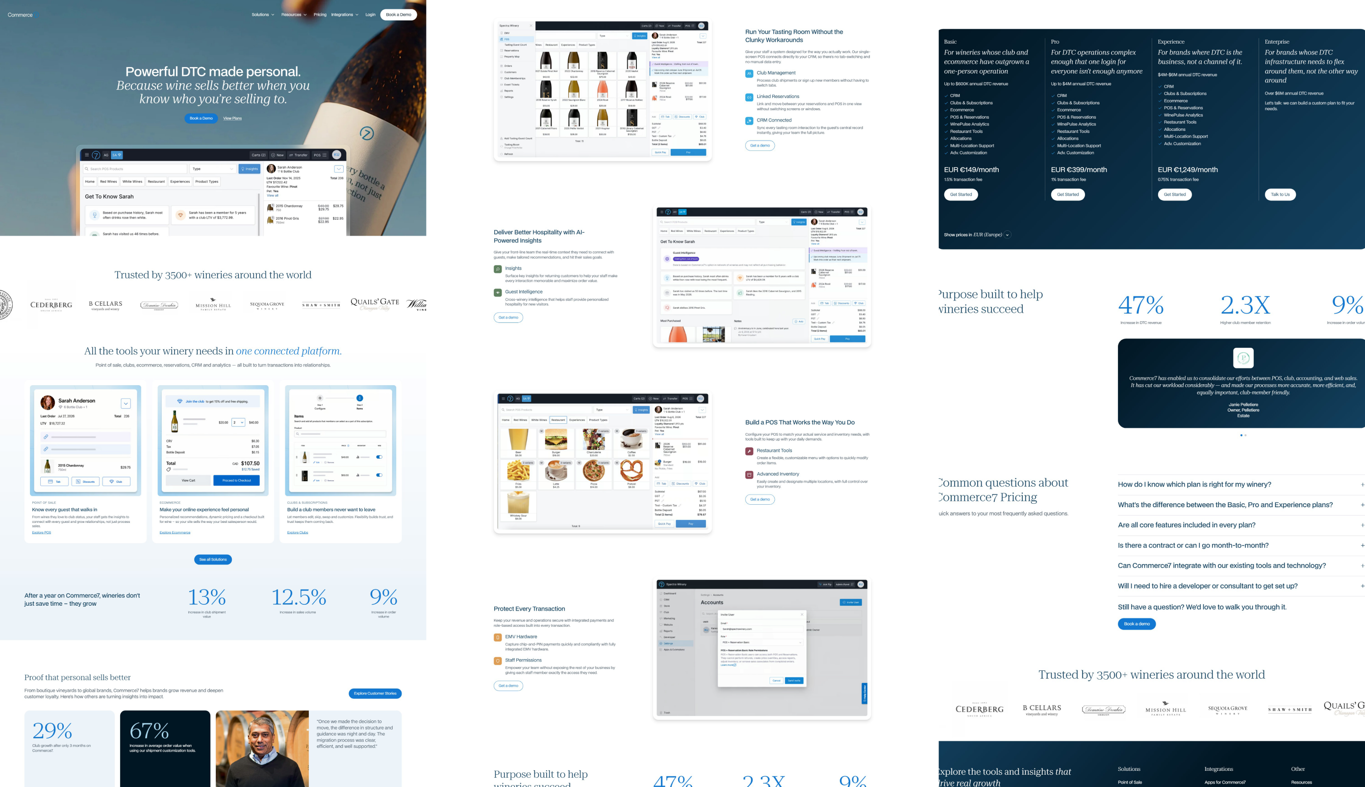 Three Commerce7 pages: home, point of sale and pricing