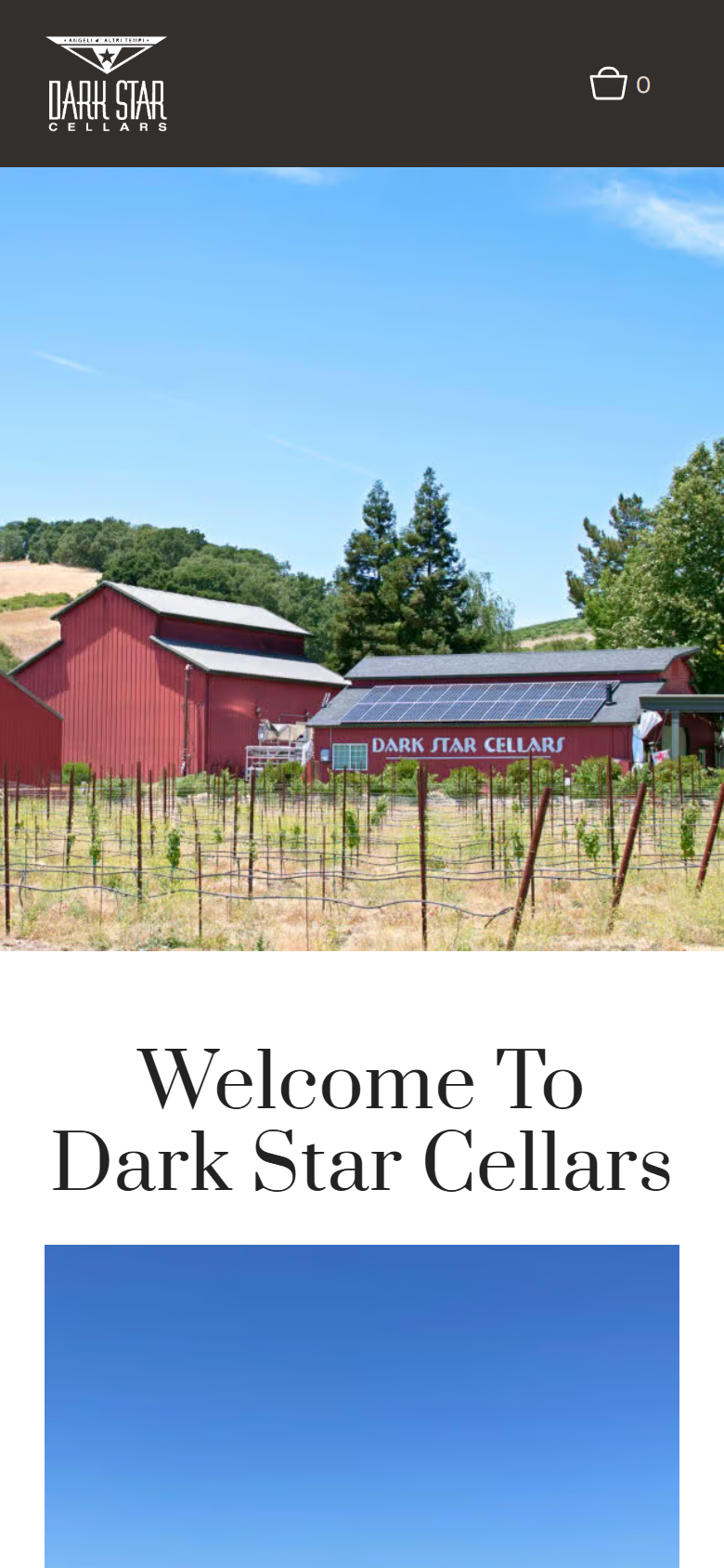 The Dark Star home page on a phone: the red barn and vineyard above the welcome heading.