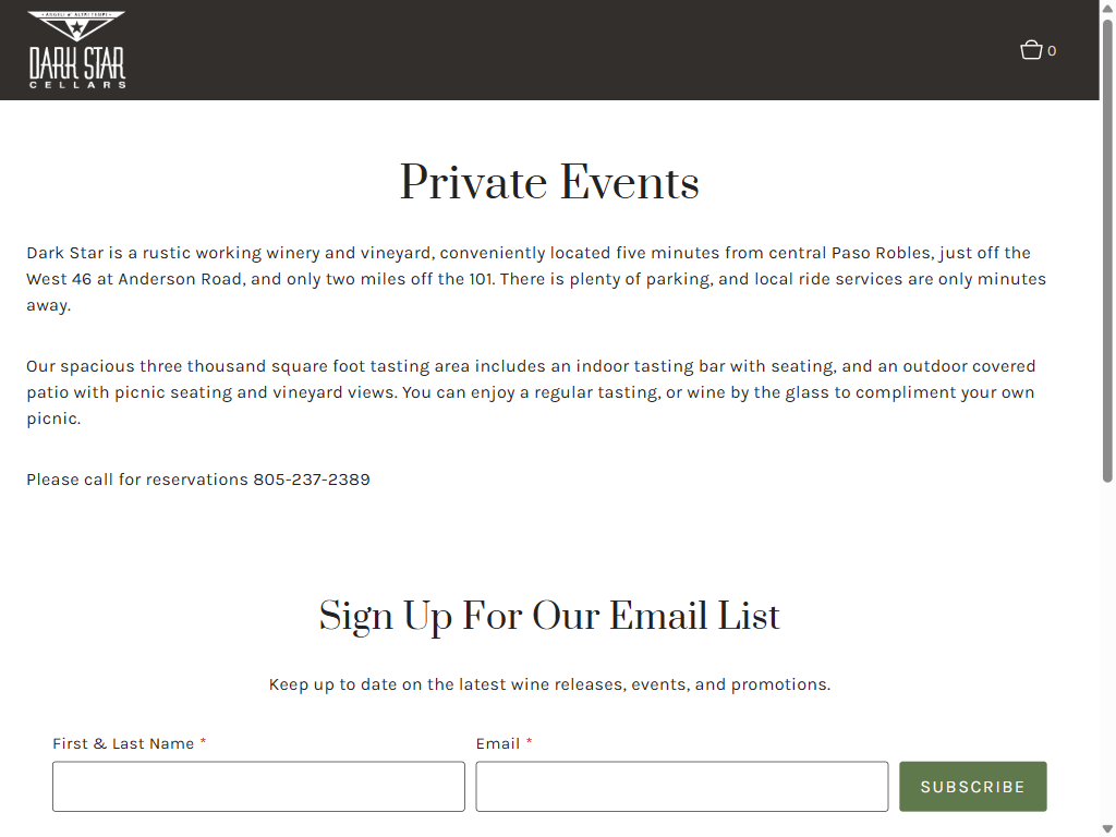 The Private Events page on a tablet, describing the rustic working winery off Anderson Road in Paso Robles, its tasting bar and covered patio, with a reservations phone number.