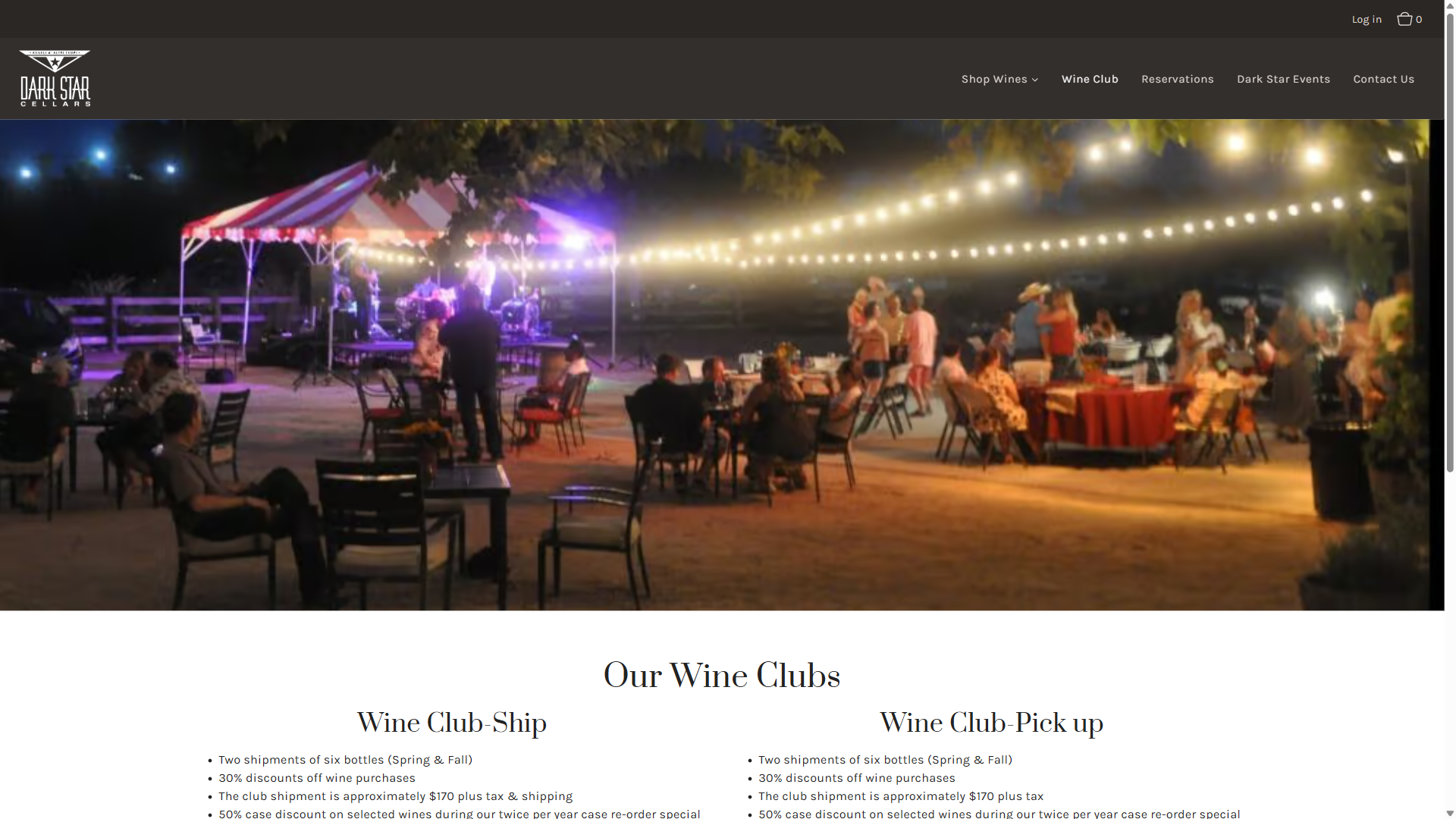 The Dark Star wine club page on desktop: guests at tables on the lawn at night under strings of lights, above "Our Wine Clubs" with the Wine Club Ship and Wine Club Pick up options.