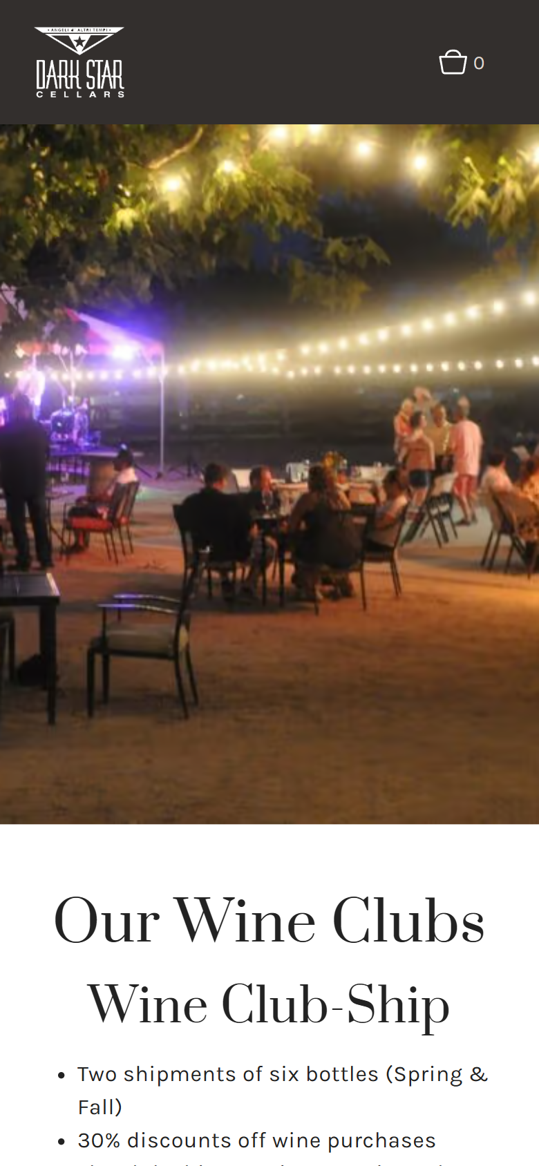 The wine club page on a phone: the lit evening gathering above "Our Wine Clubs" and the Wine Club Ship benefits.