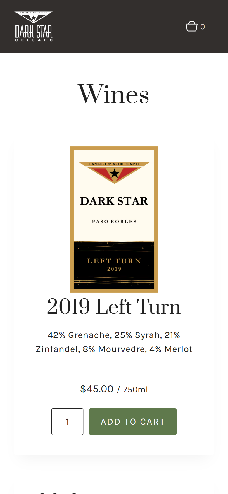 The Wines shop on a phone, showing the 2019 Left Turn blend of Grenache, Syrah, Zinfandel, Mourvèdre and Merlot at $45.00 with an Add to Cart button.
