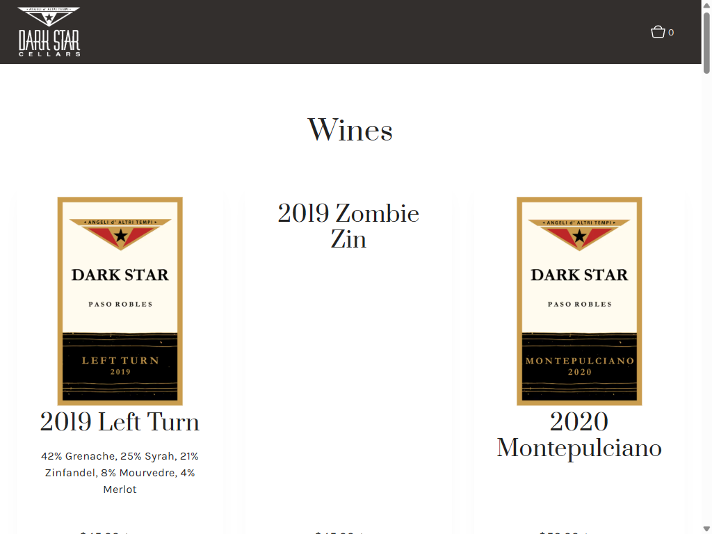 The Wines shop on a tablet, showing the 2019 Left Turn, the 2019 Zombie Zin and the 2020 Montepulciano.