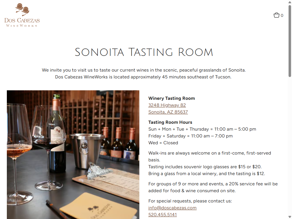 The Sonoita Tasting Room page on a tablet: glasses and bottles on the tasting bar, beside the address, tasting room hours and tasting fees.